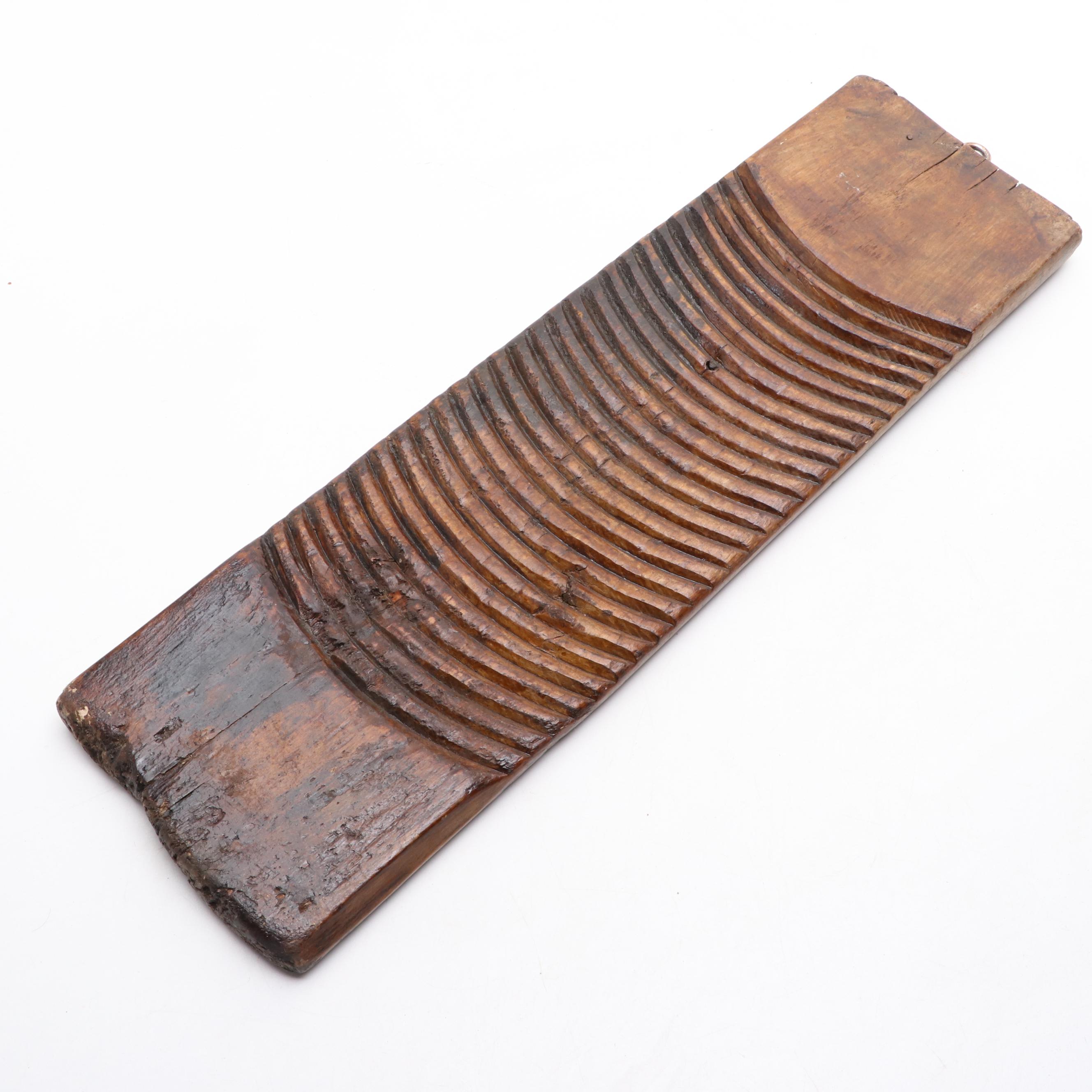 Blue and White Stoneware Salt Box with Wooden Top and Decorative Scrubbing Board