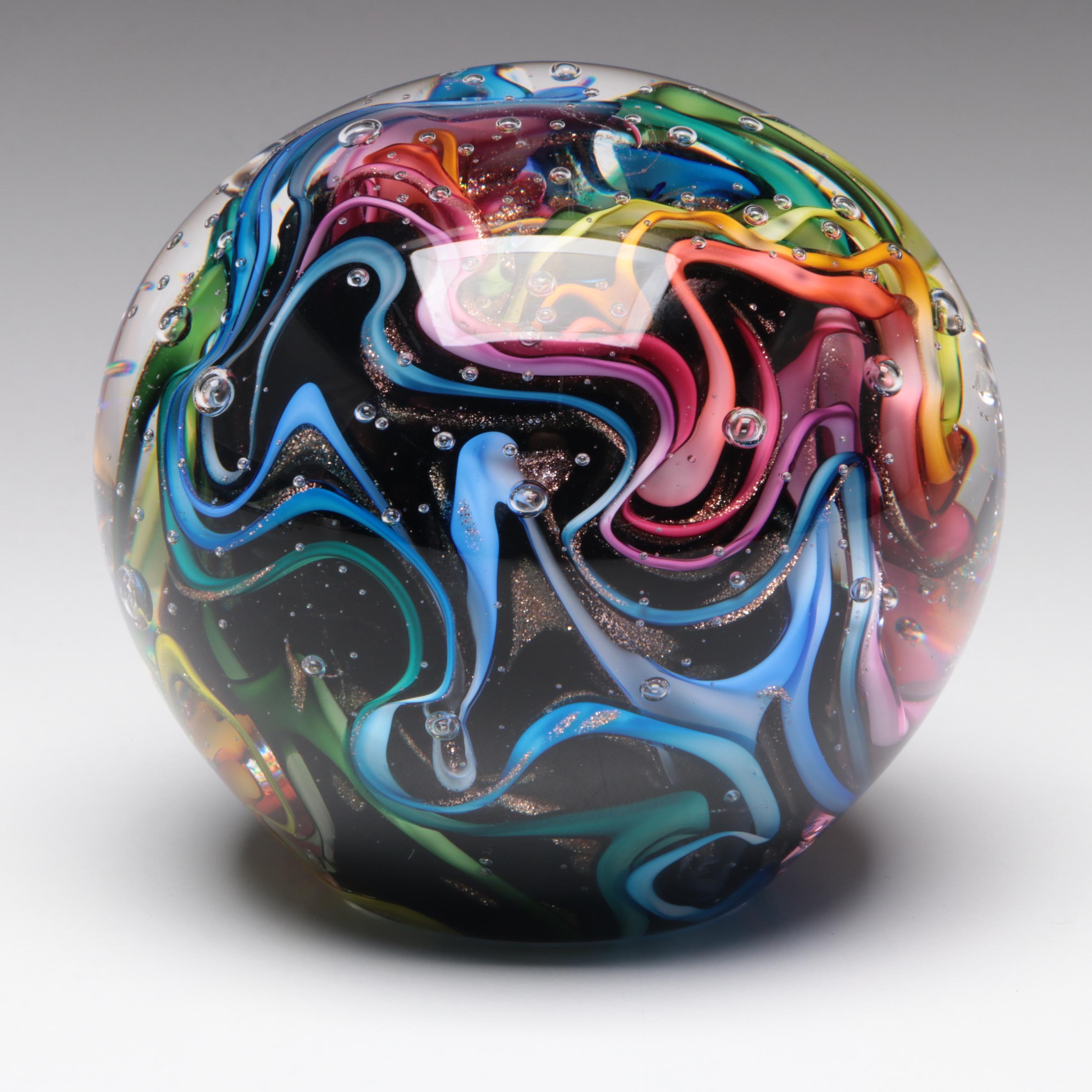 Marilyn Kimble Holt Swirled Multicolor Filigree Art Glass Paperweight, 2000