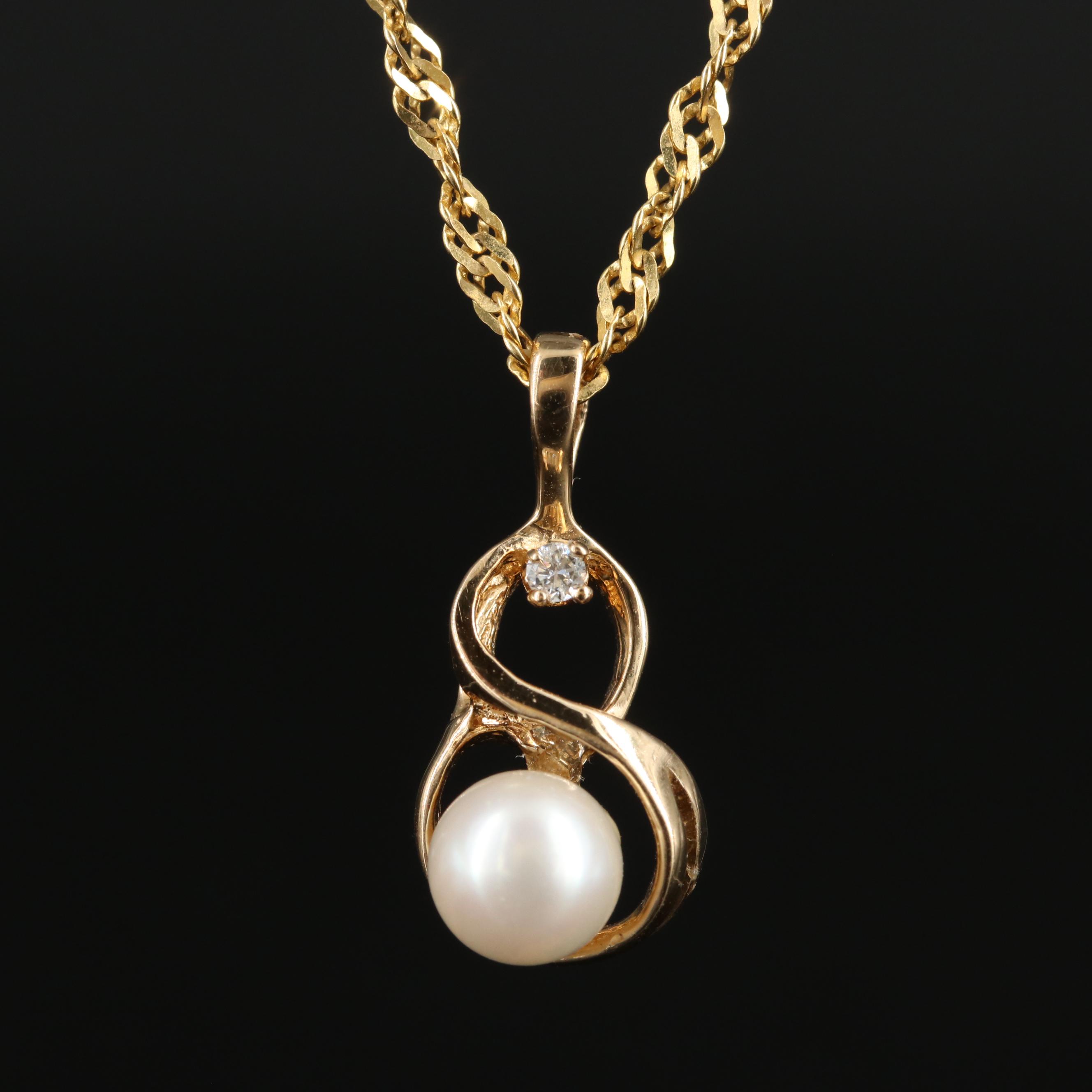 14K Pearl and Diamond Pendant Necklace