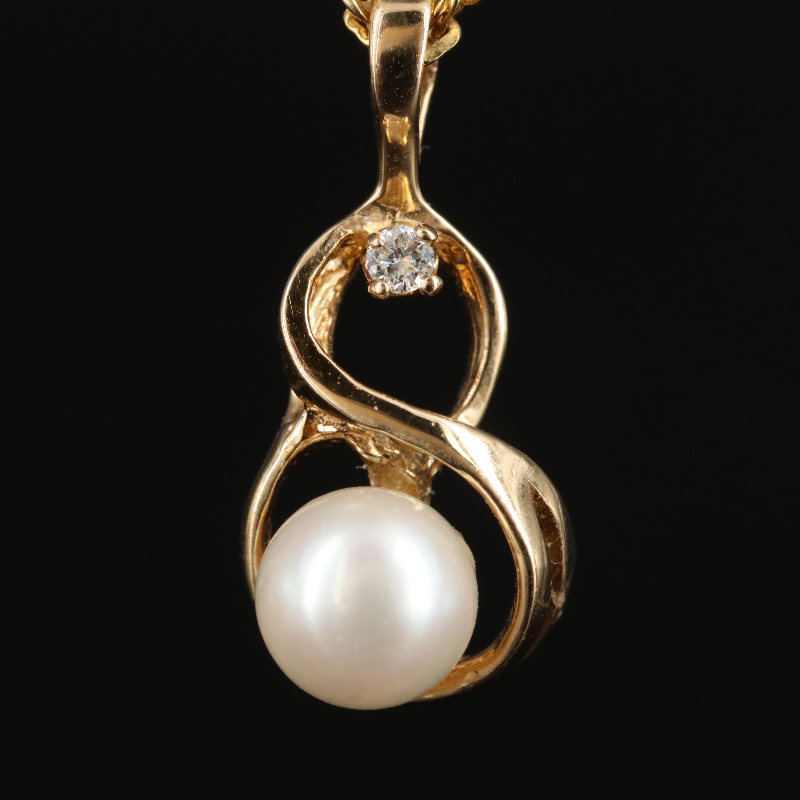 14K Pearl and Diamond Pendant Necklace