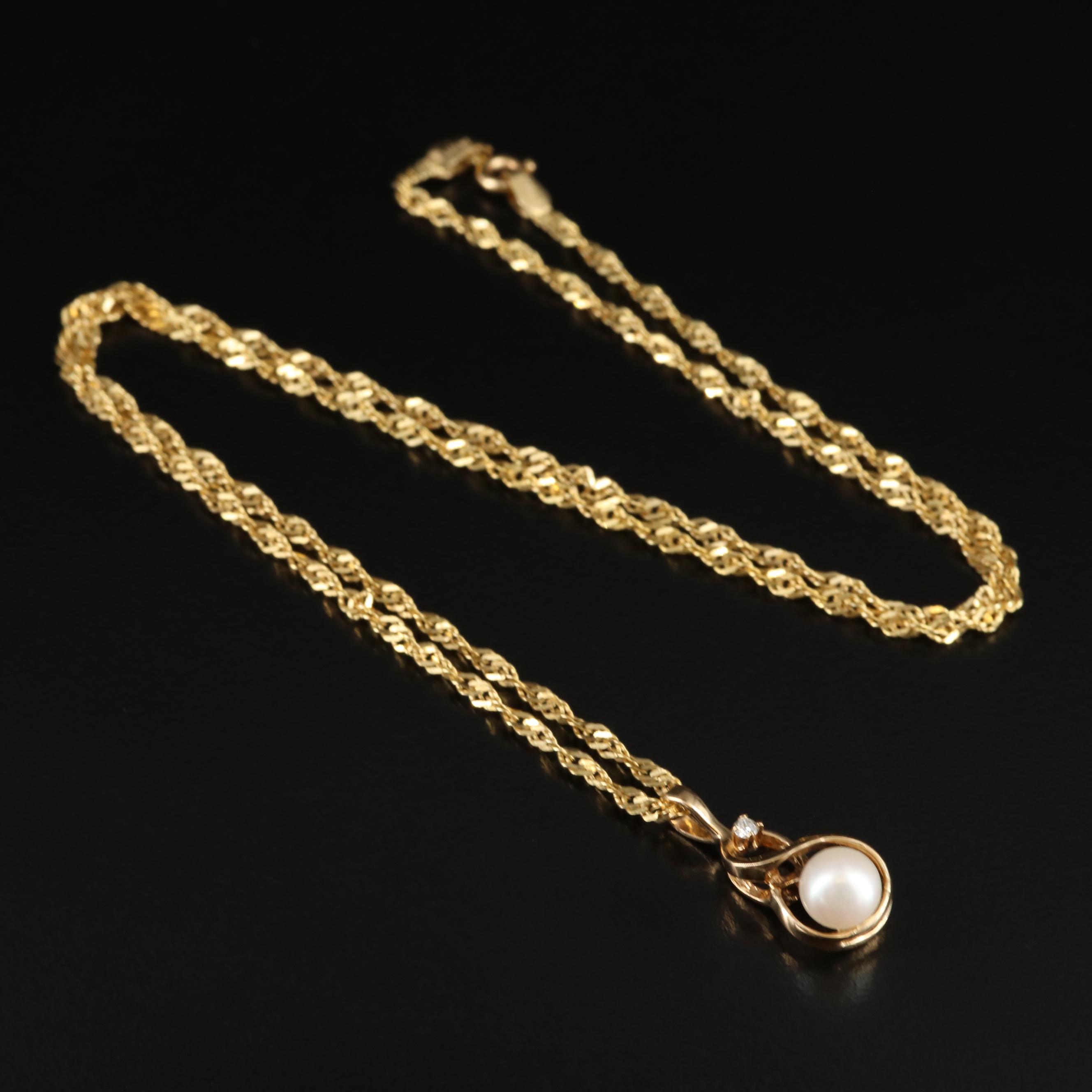 14K Pearl and Diamond Pendant Necklace