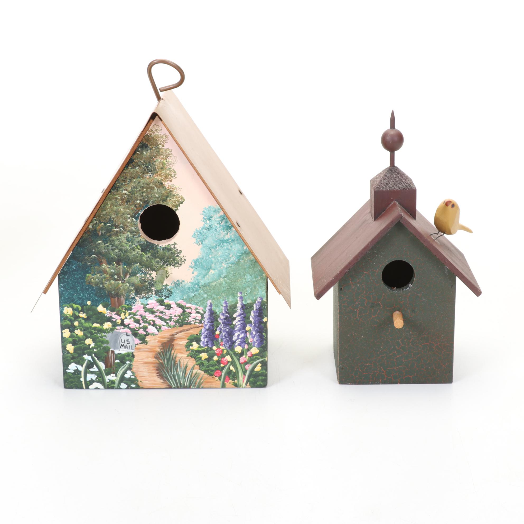 Hand-Decorated Bird House Collection with Pair of Lefton Parakeet Figurines