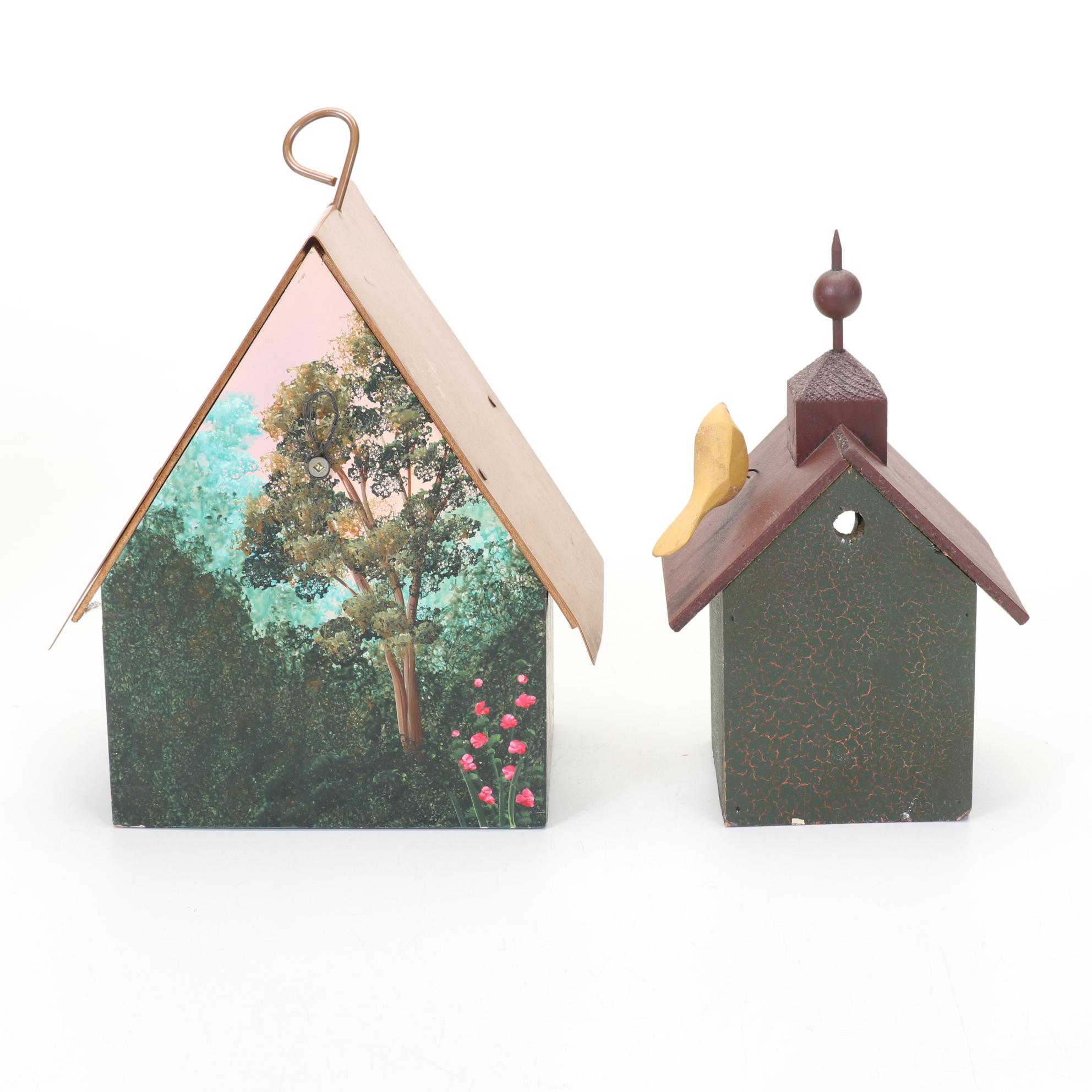 Hand-Decorated Bird House Collection with Pair of Lefton Parakeet Figurines