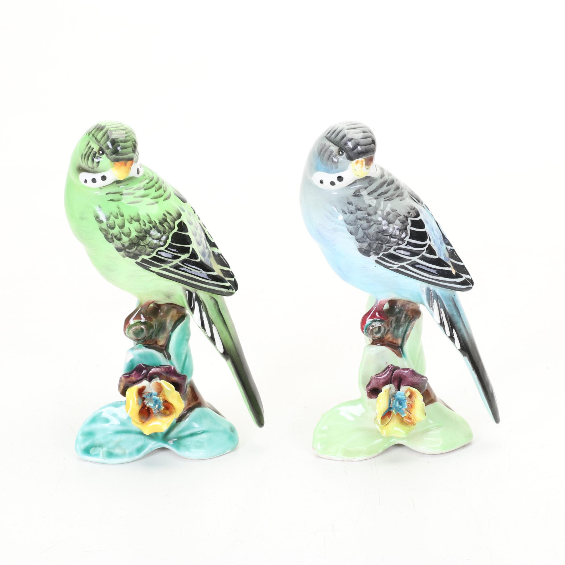 Hand-Decorated Bird House Collection with Pair of Lefton Parakeet Figurines