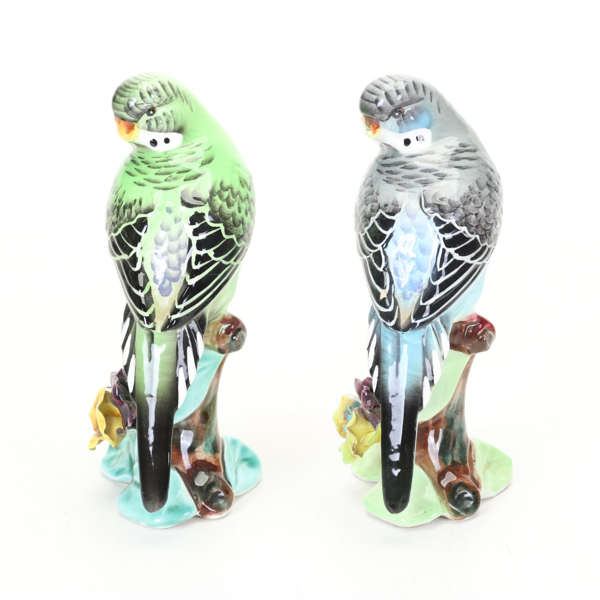 Hand-Decorated Bird House Collection with Pair of Lefton Parakeet Figurines