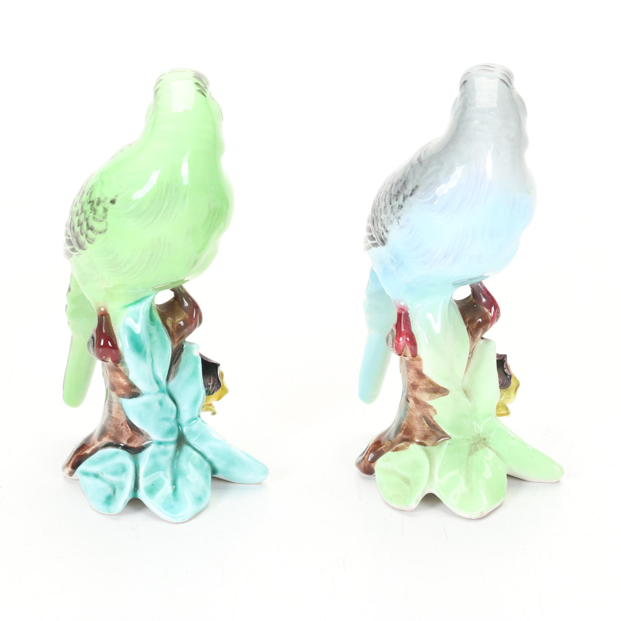 Hand-Decorated Bird House Collection with Pair of Lefton Parakeet Figurines