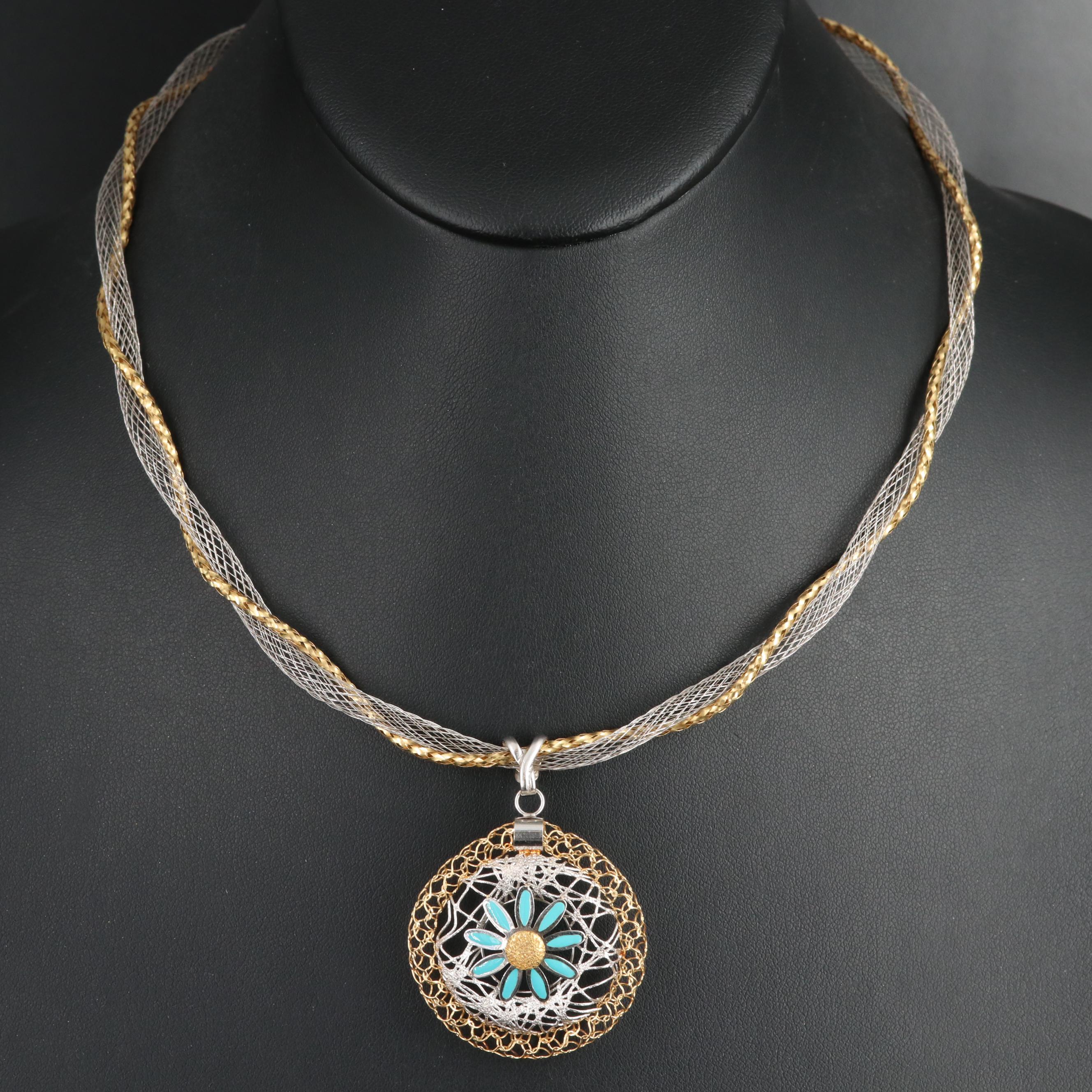 Italian 18K Floral Pendant Necklace with Enamel Accents