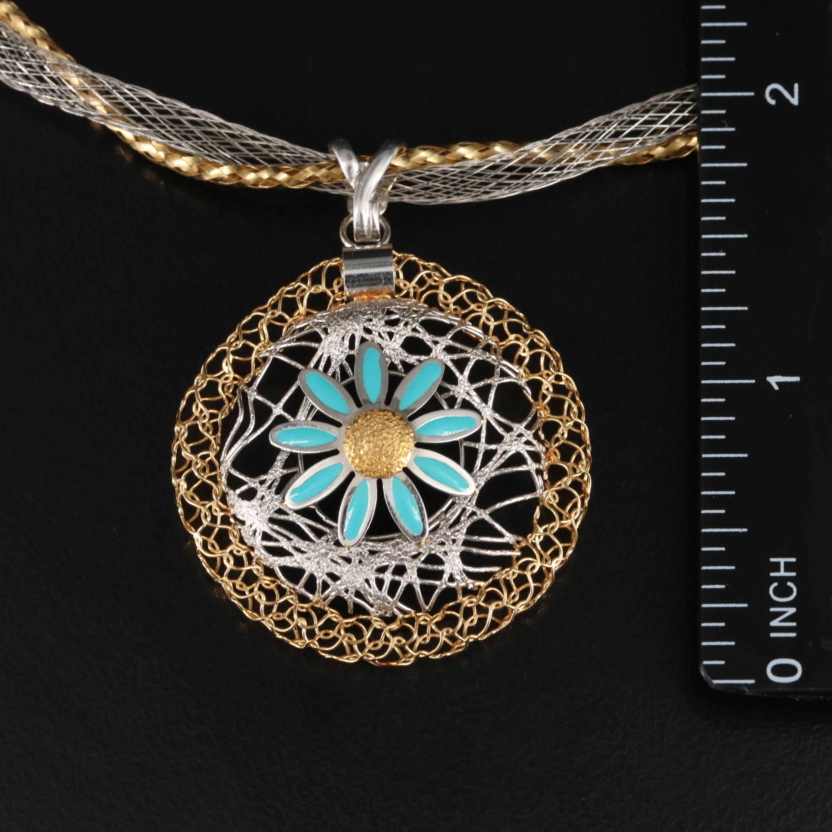 Italian 18K Floral Pendant Necklace with Enamel Accents