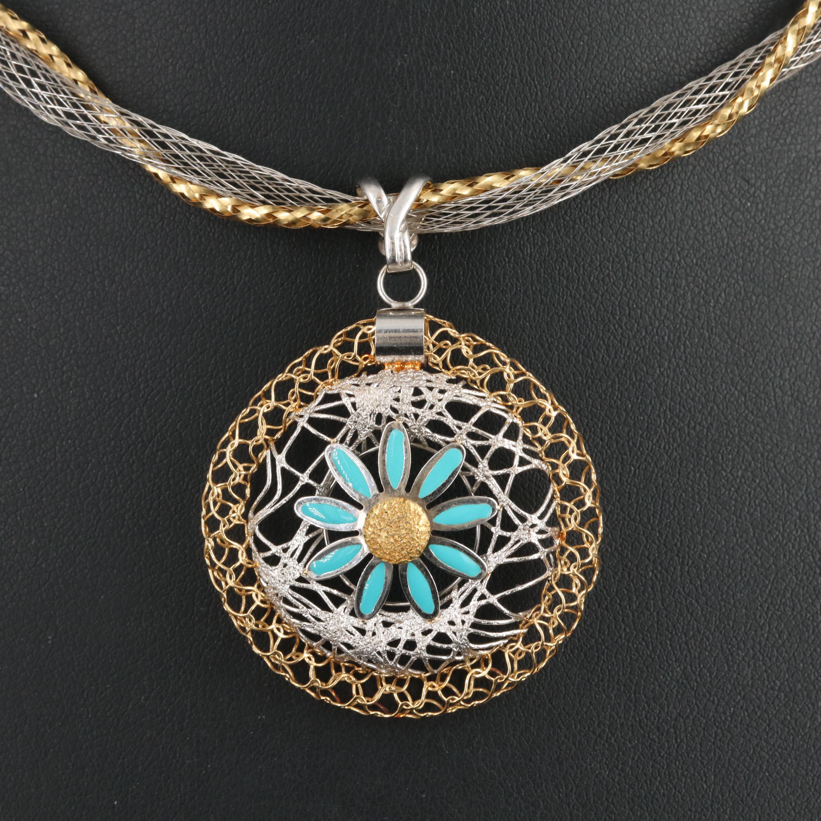 Italian 18K Floral Pendant Necklace with Enamel Accents