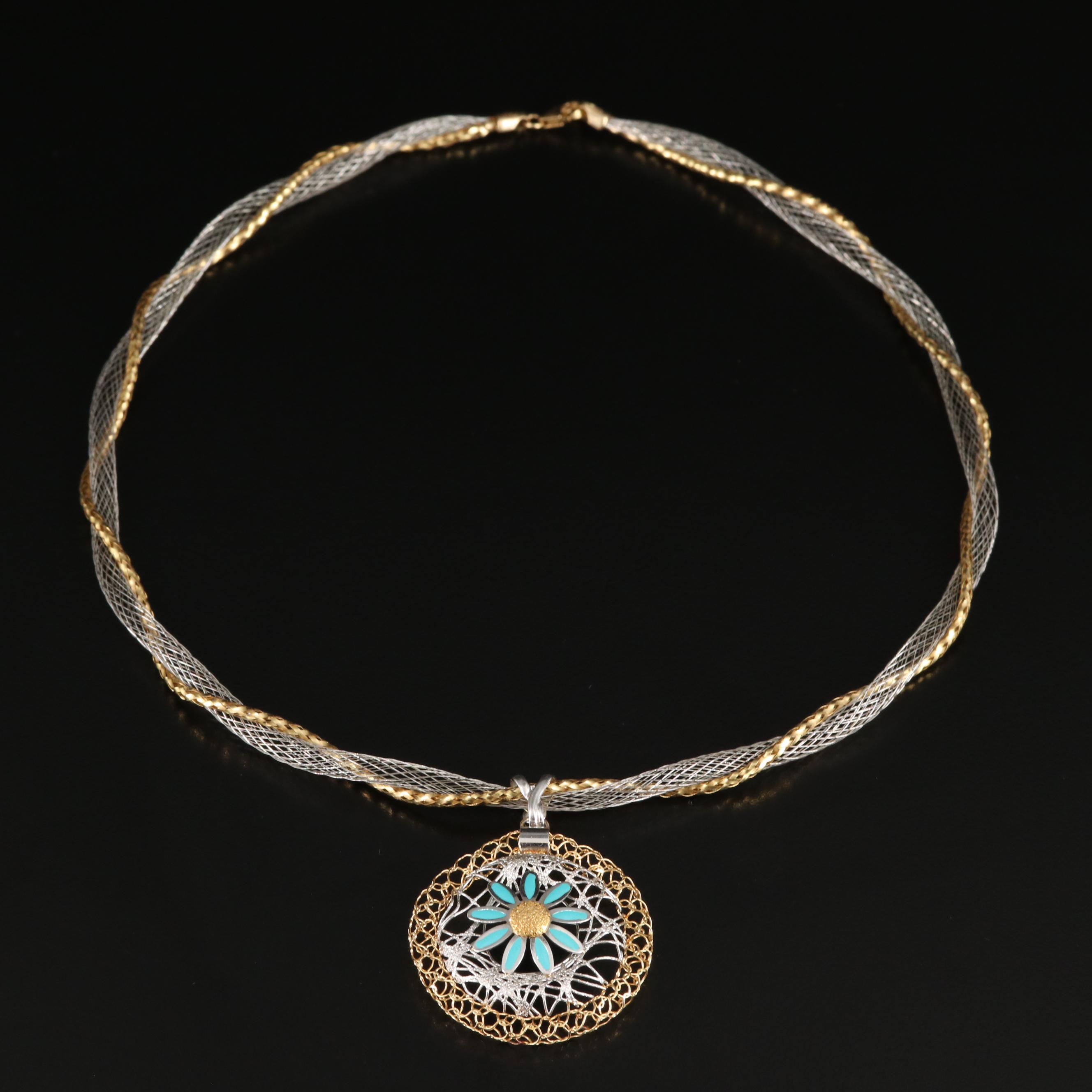 Italian 18K Floral Pendant Necklace with Enamel Accents