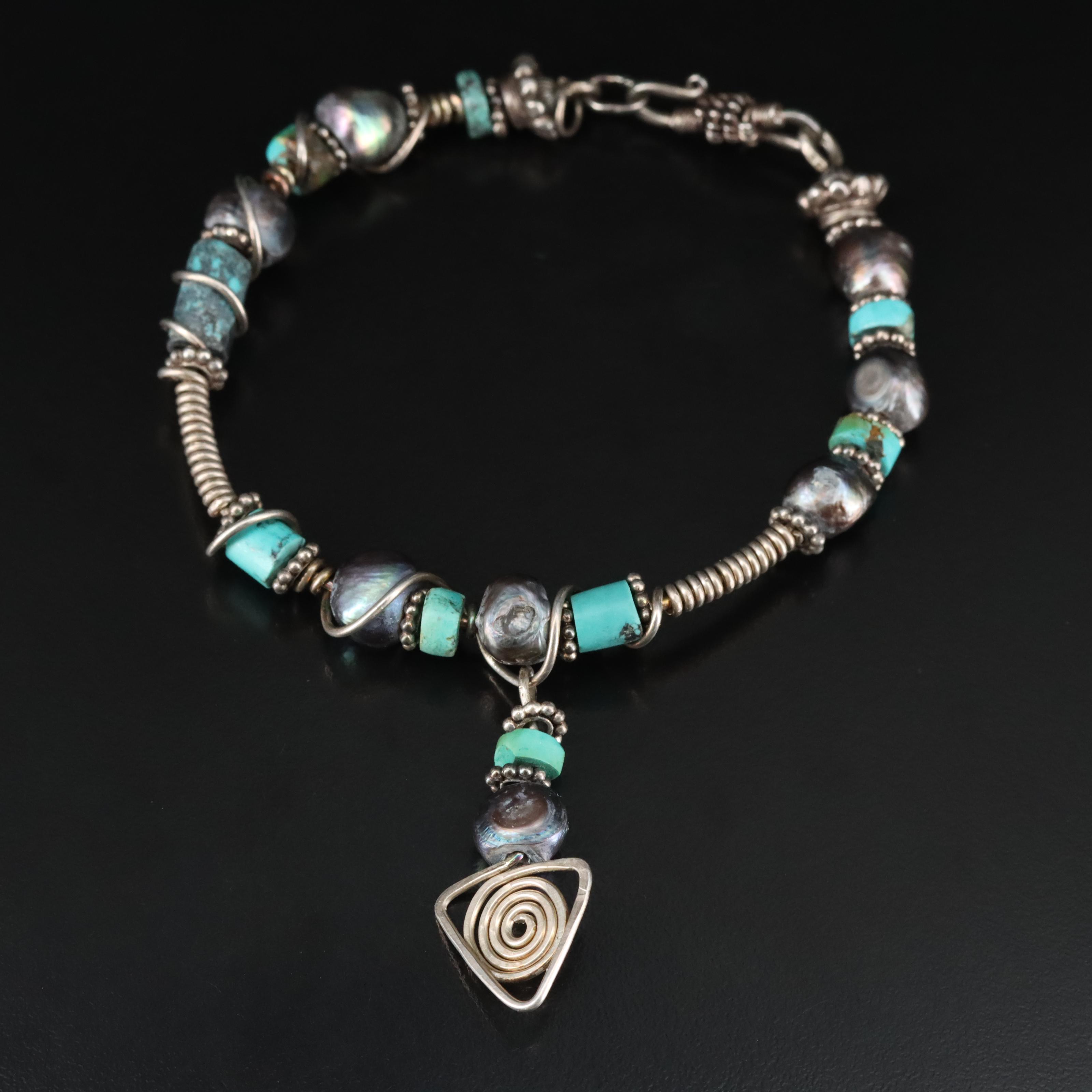 Sterling Turquoise and Pearl Bead Bracelet
