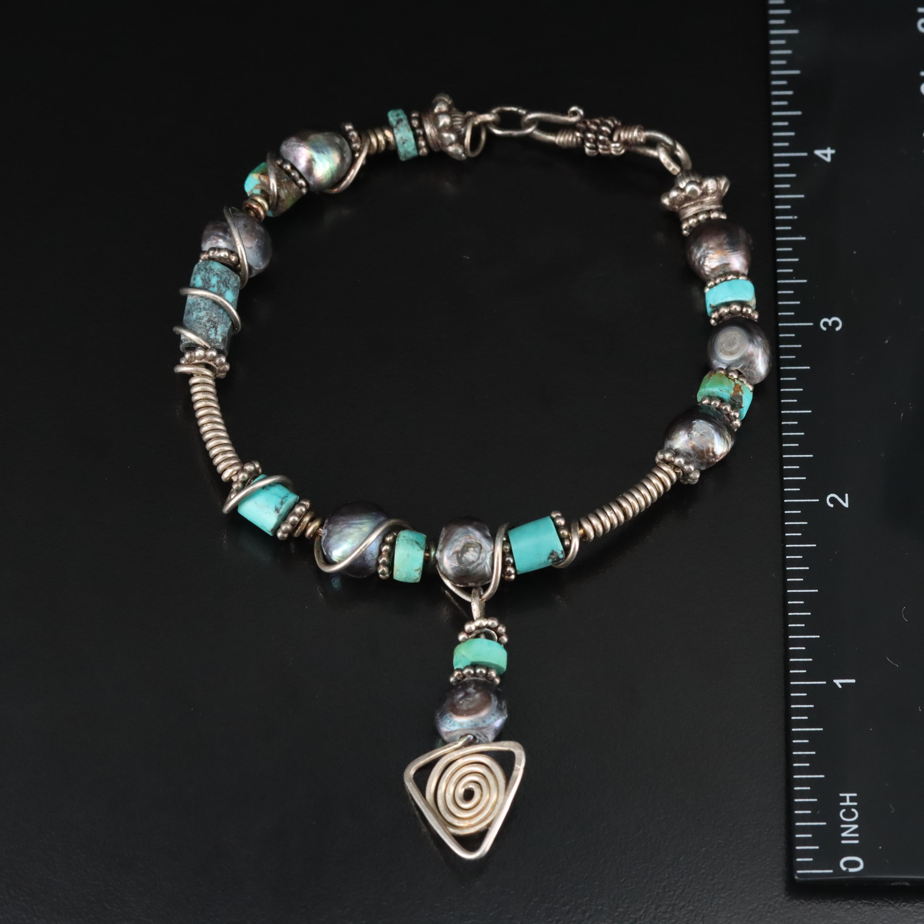 Sterling Turquoise and Pearl Bead Bracelet
