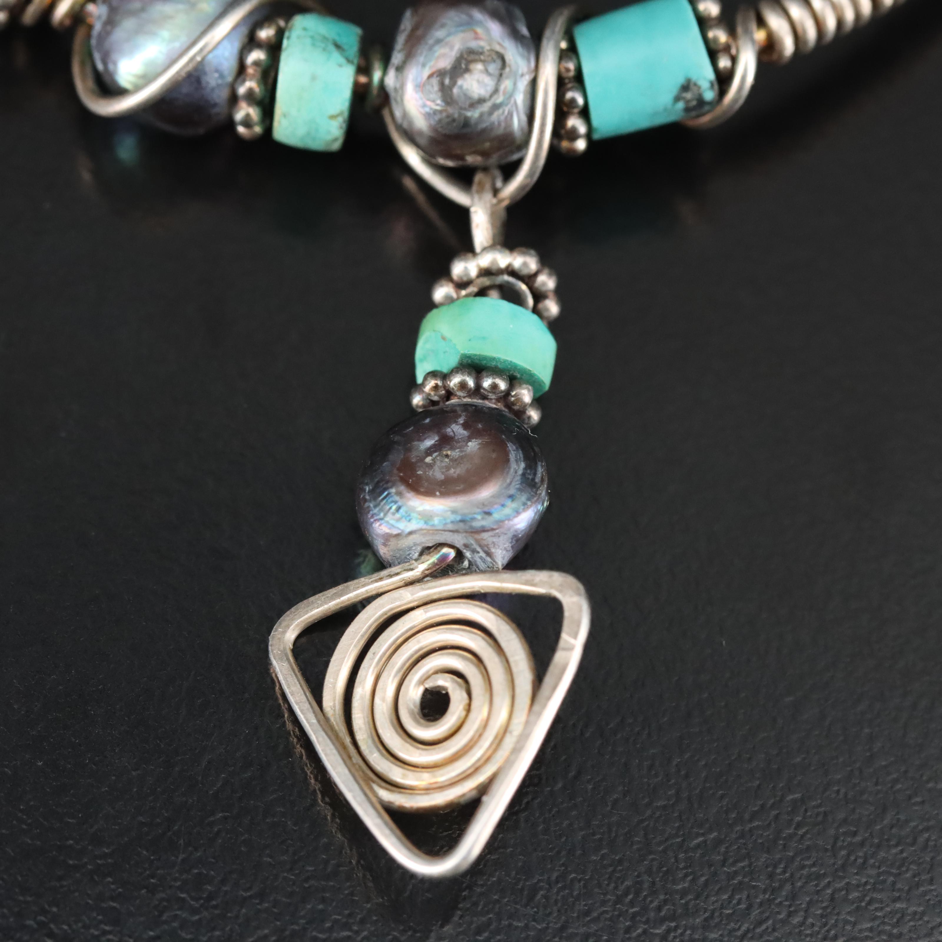 Sterling Turquoise and Pearl Bead Bracelet