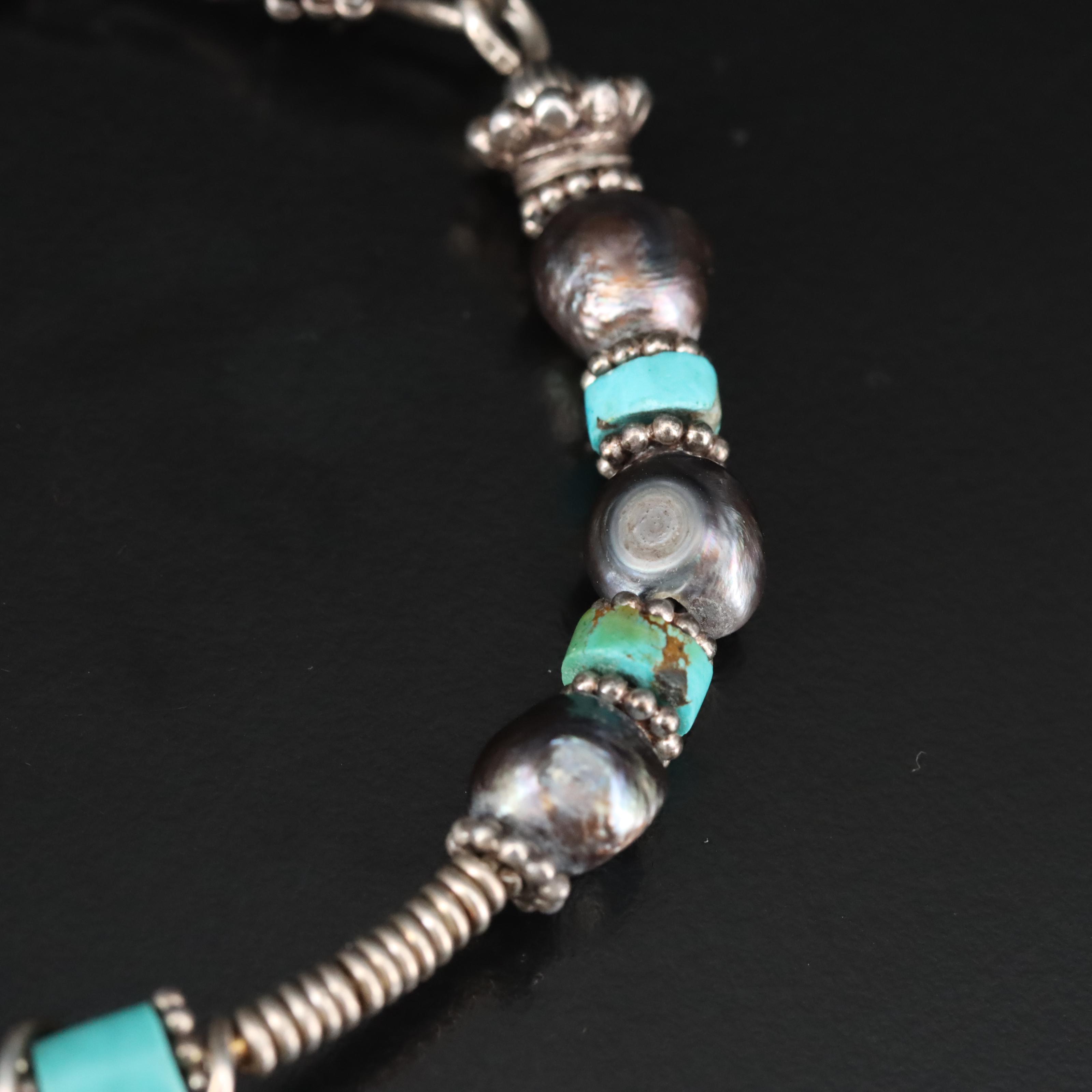 Sterling Turquoise and Pearl Bead Bracelet
