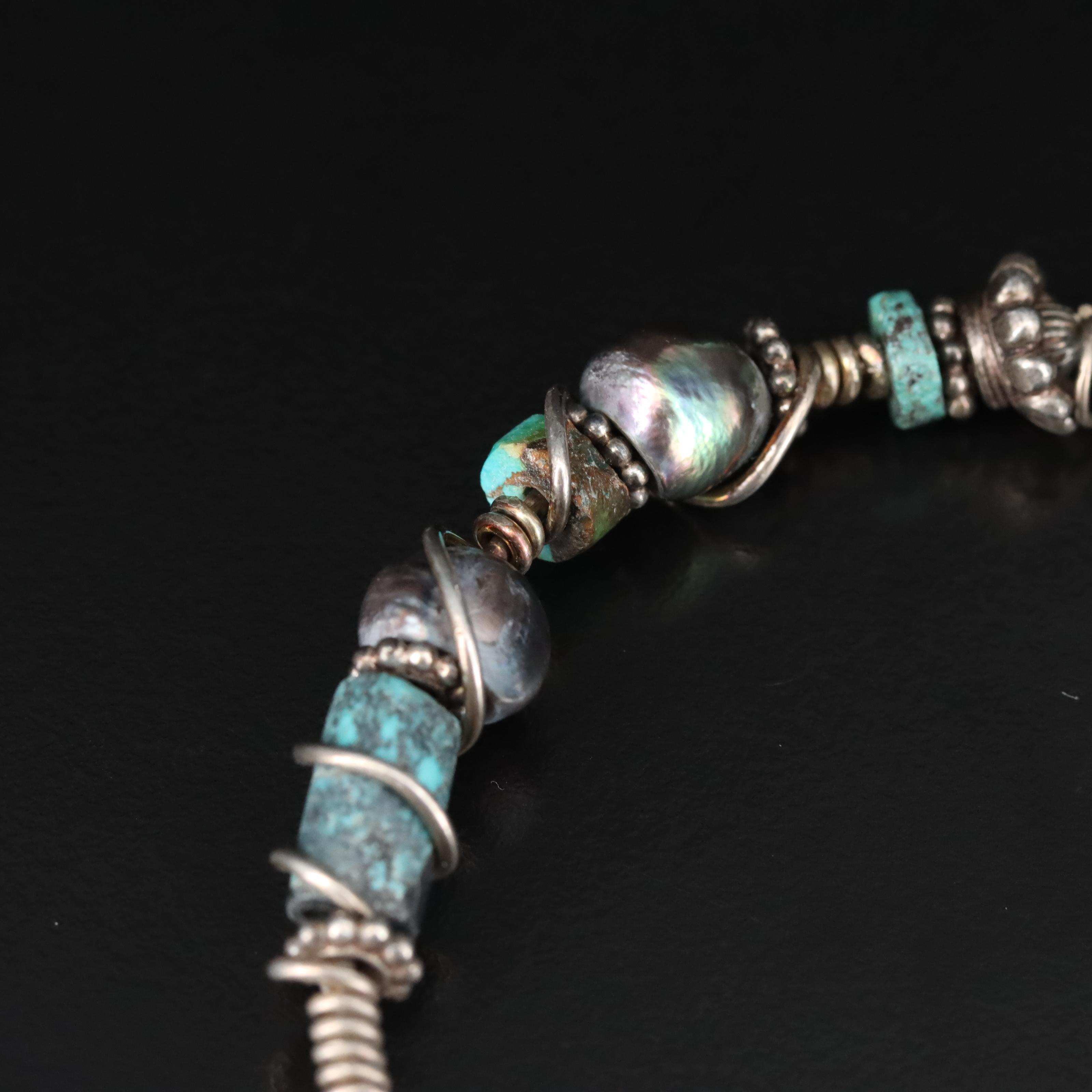 Sterling Turquoise and Pearl Bead Bracelet