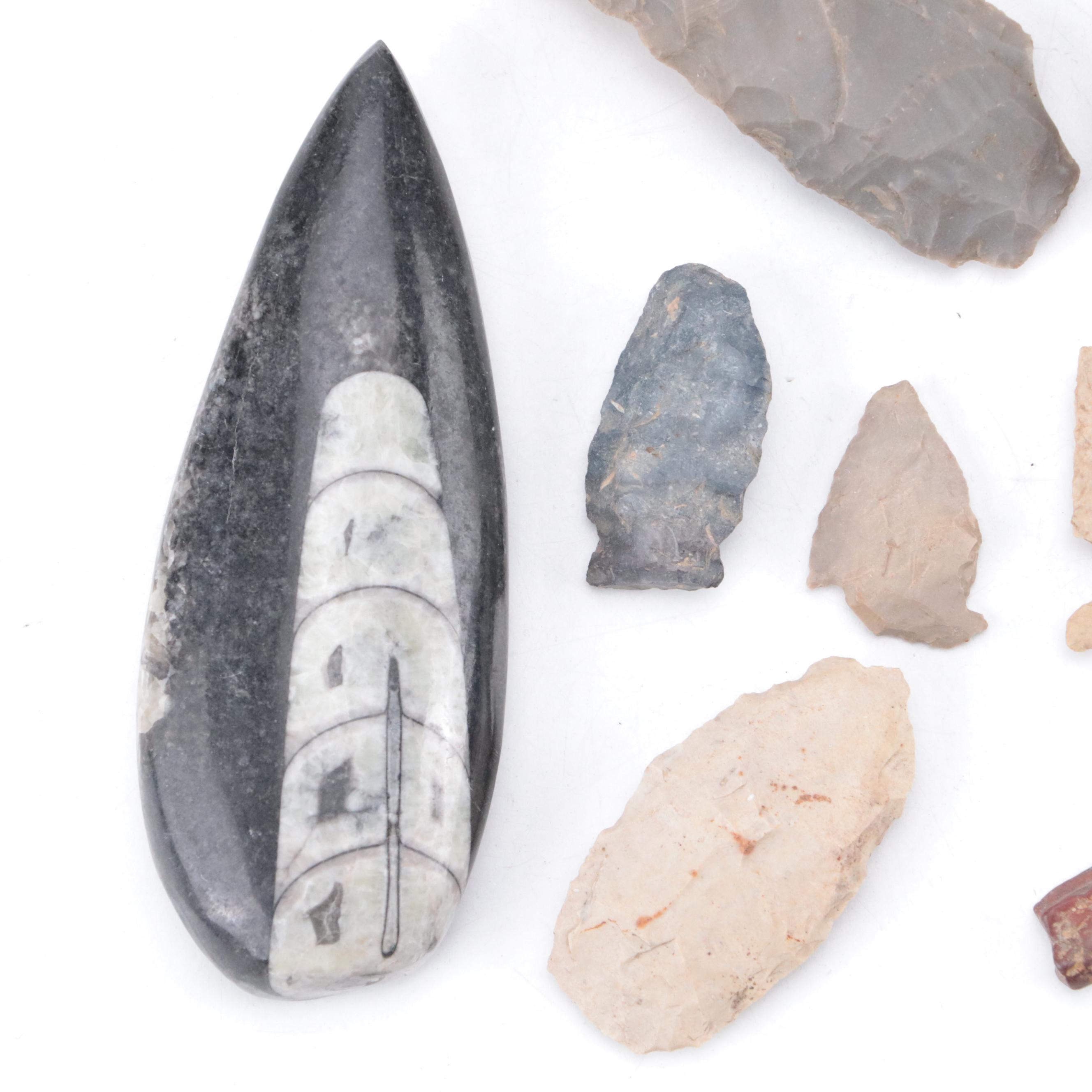 Knapped Stone Projectile Points With Polished Orthoceras