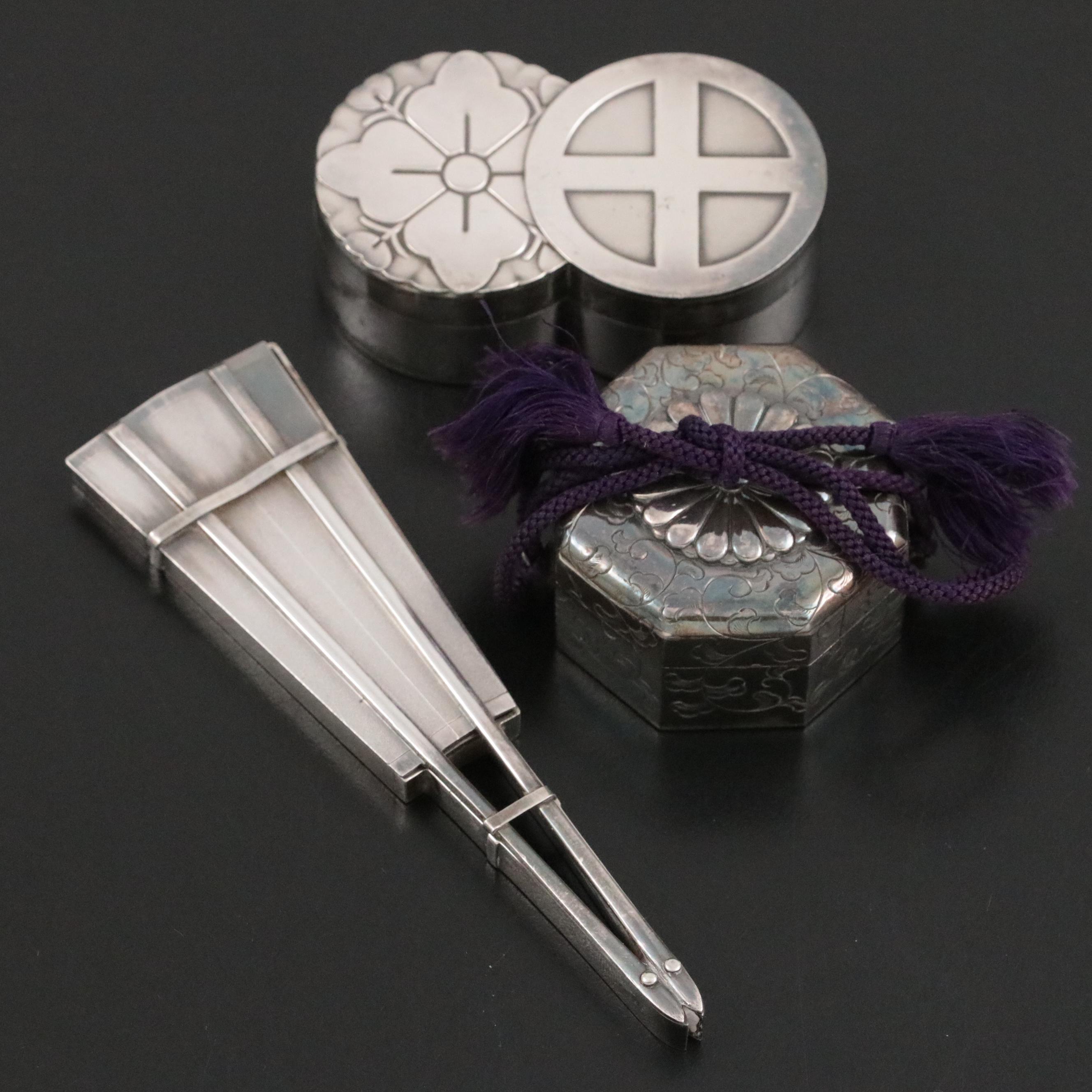 Hattori Kintaro Japanese Sterling Fan Form Box With Silver Plate Boxes