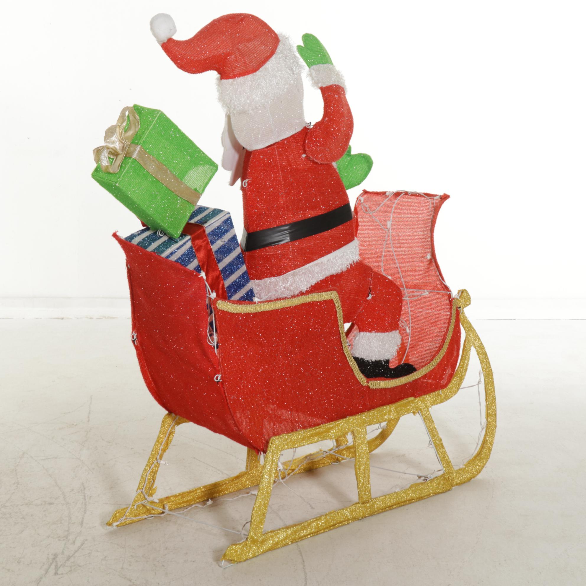 Santa, Sleigh and Reindeer, Illuminated Fabric Over Wire Outdoor Display