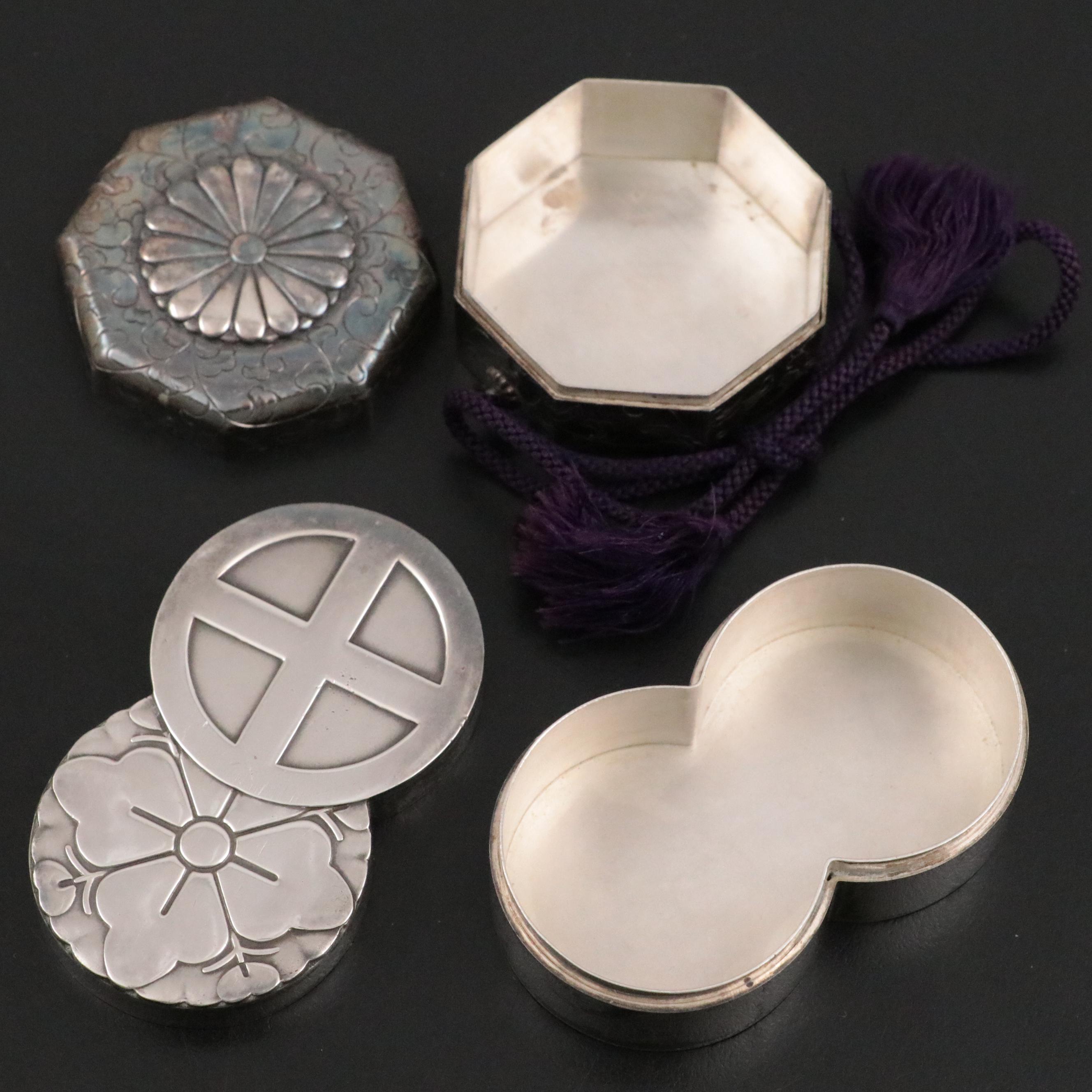 Hattori Kintaro Japanese Sterling Fan Form Box With Silver Plate Boxes