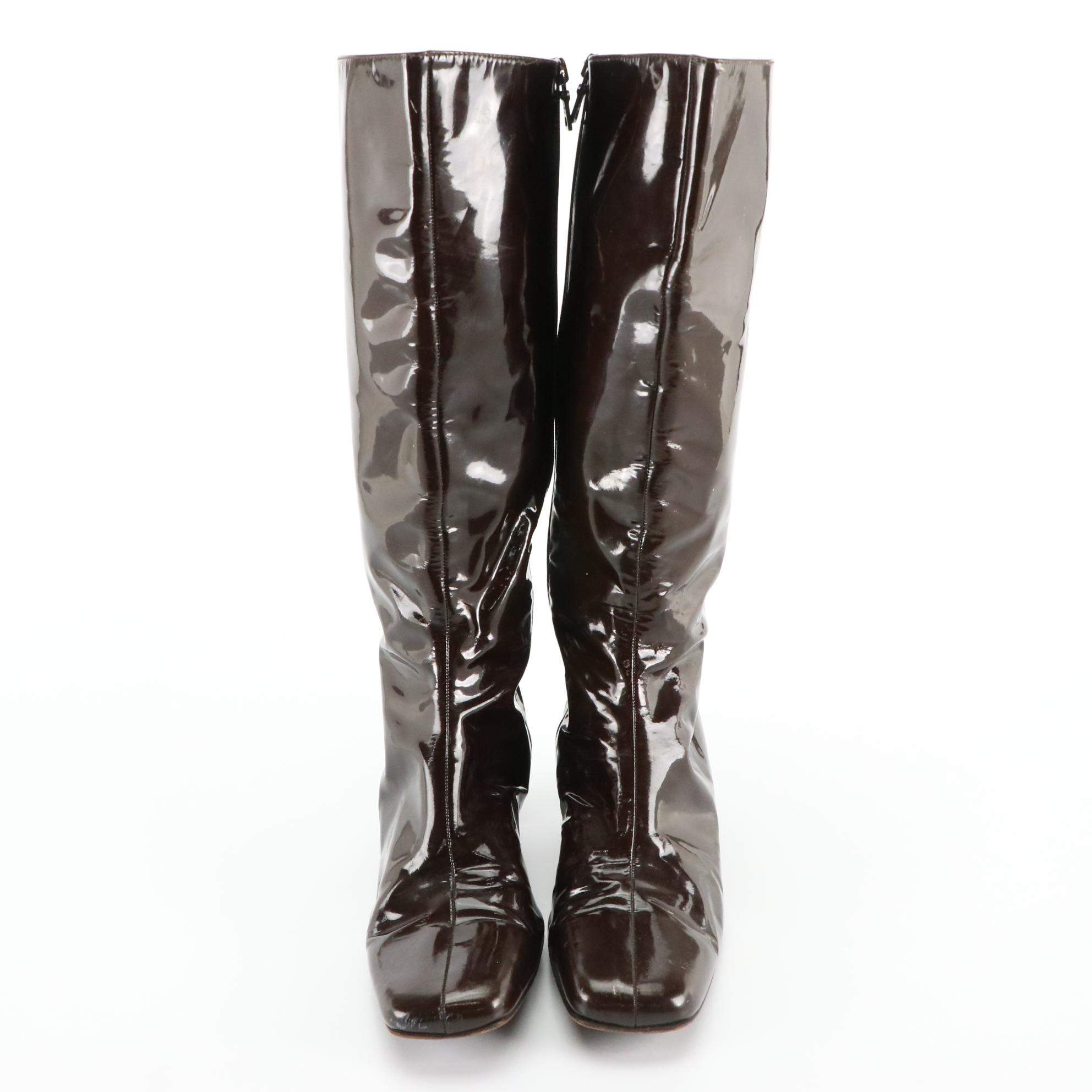 Prada Brown Patent Leather Square Toe Zip Boots