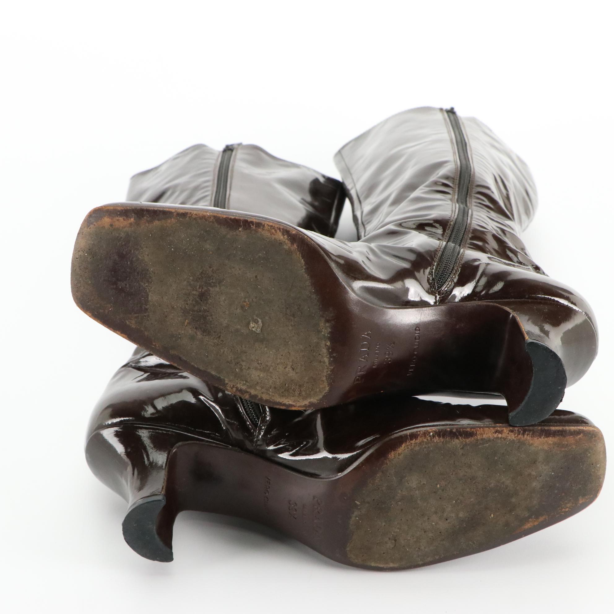 Prada Brown Patent Leather Square Toe Zip Boots