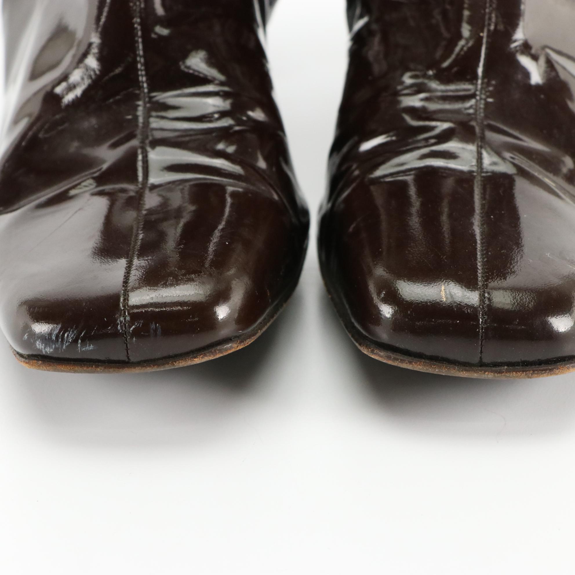 Prada Brown Patent Leather Square Toe Zip Boots