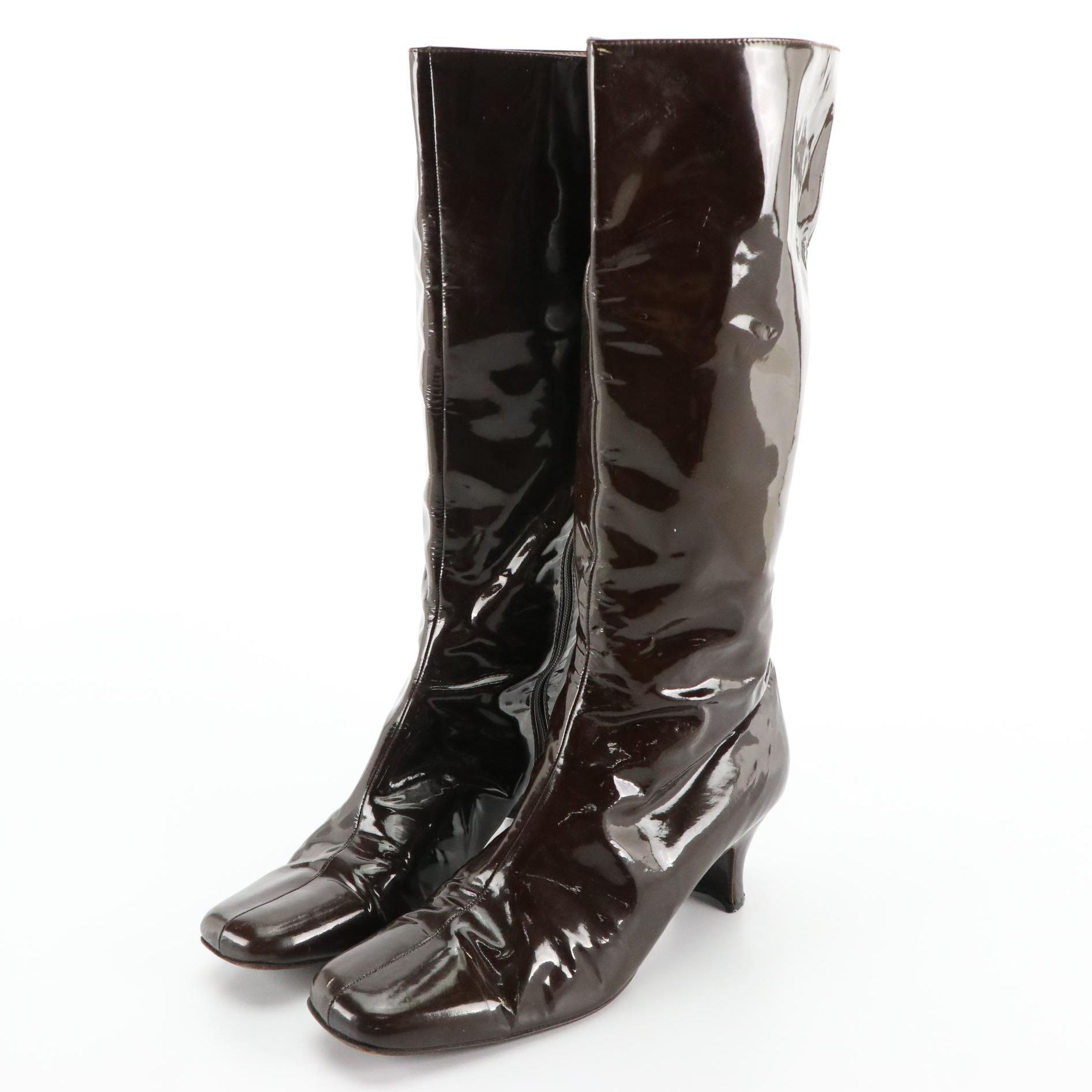 Prada Brown Patent Leather Square Toe Zip Boots