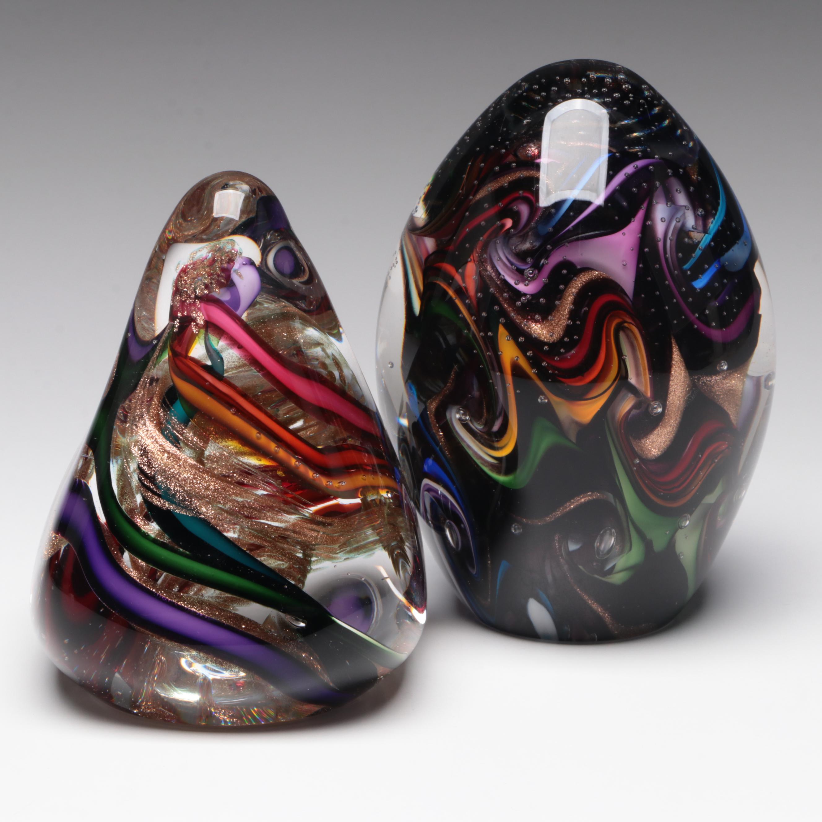 Marilyn Kimble Holt Swirled Multicolor Filigree Art Glass Paperweights, 2000s