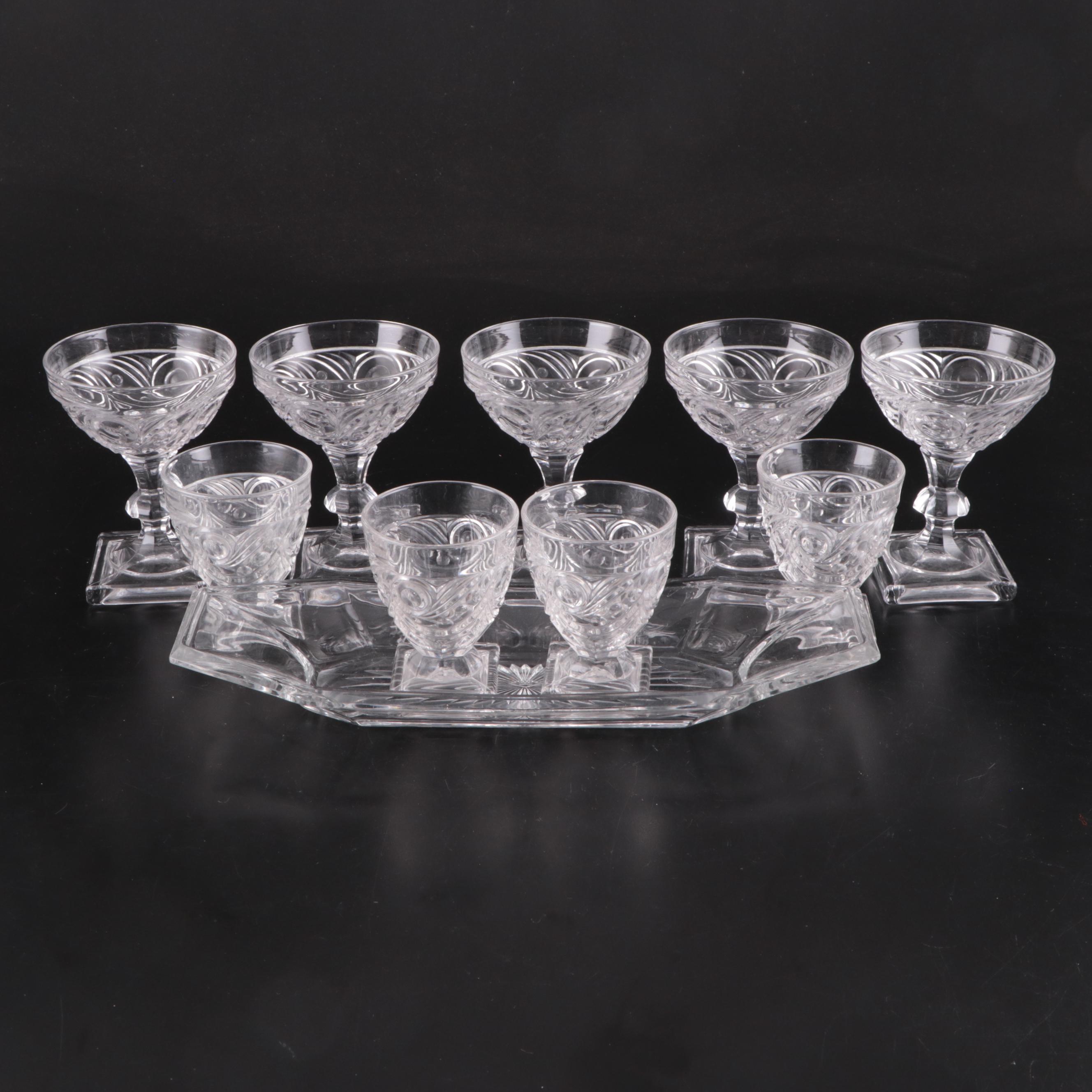 Heisey "Ipswich" Coupes and Cocktail Glasses with Other Relish Dish