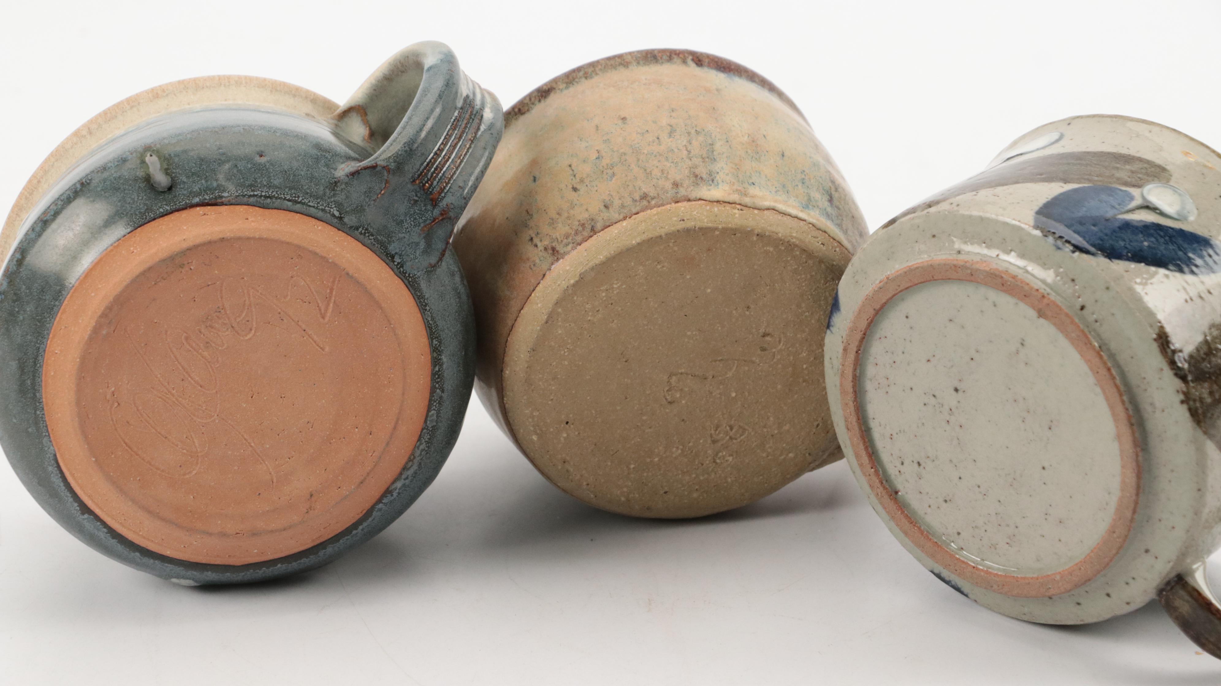 Art Pottery Pitcher, Mugs, Brush Pot and Apple Bakers