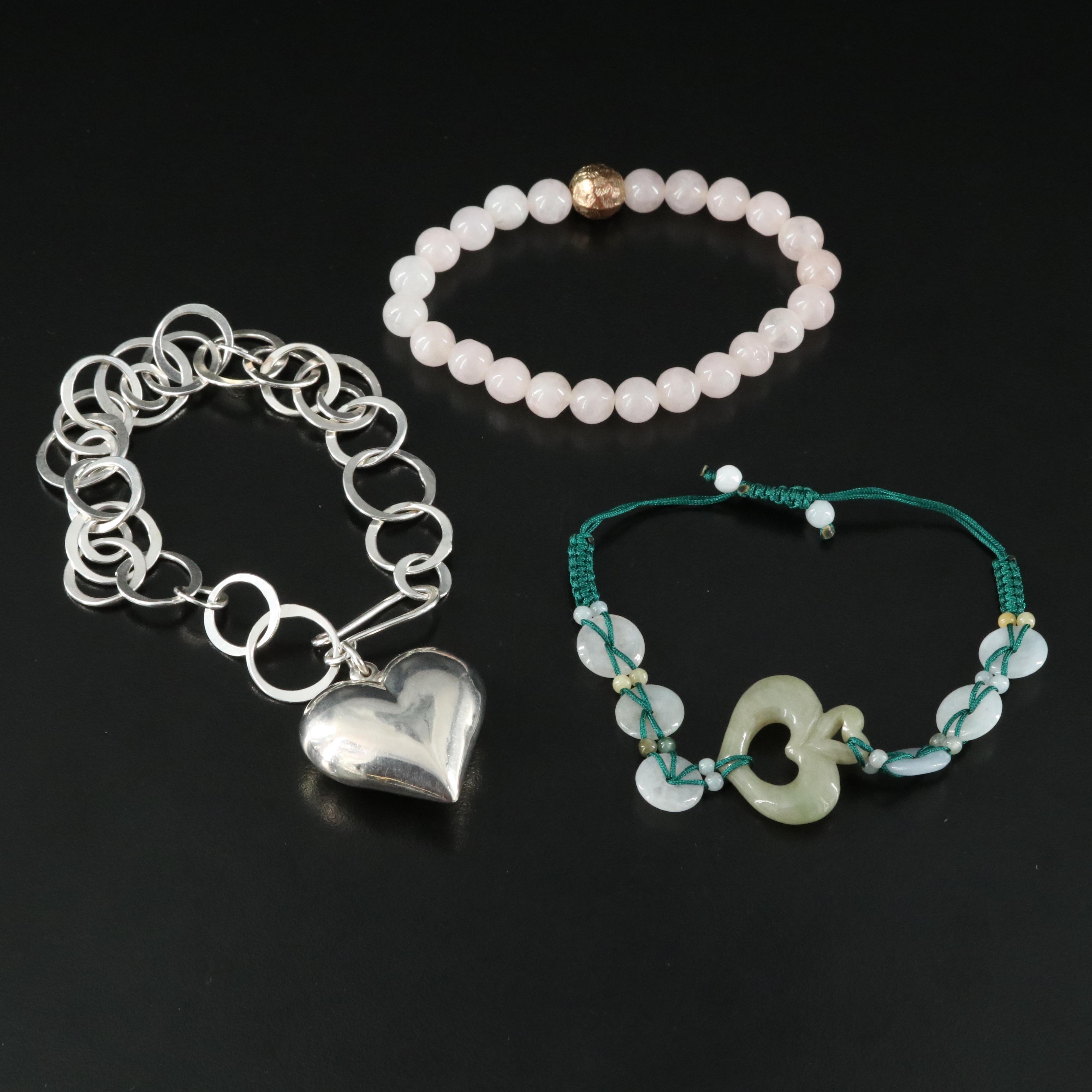 Jadeite, Quartz and Rose Quartz Bracelets and Sterling Link Bracelet with Heart