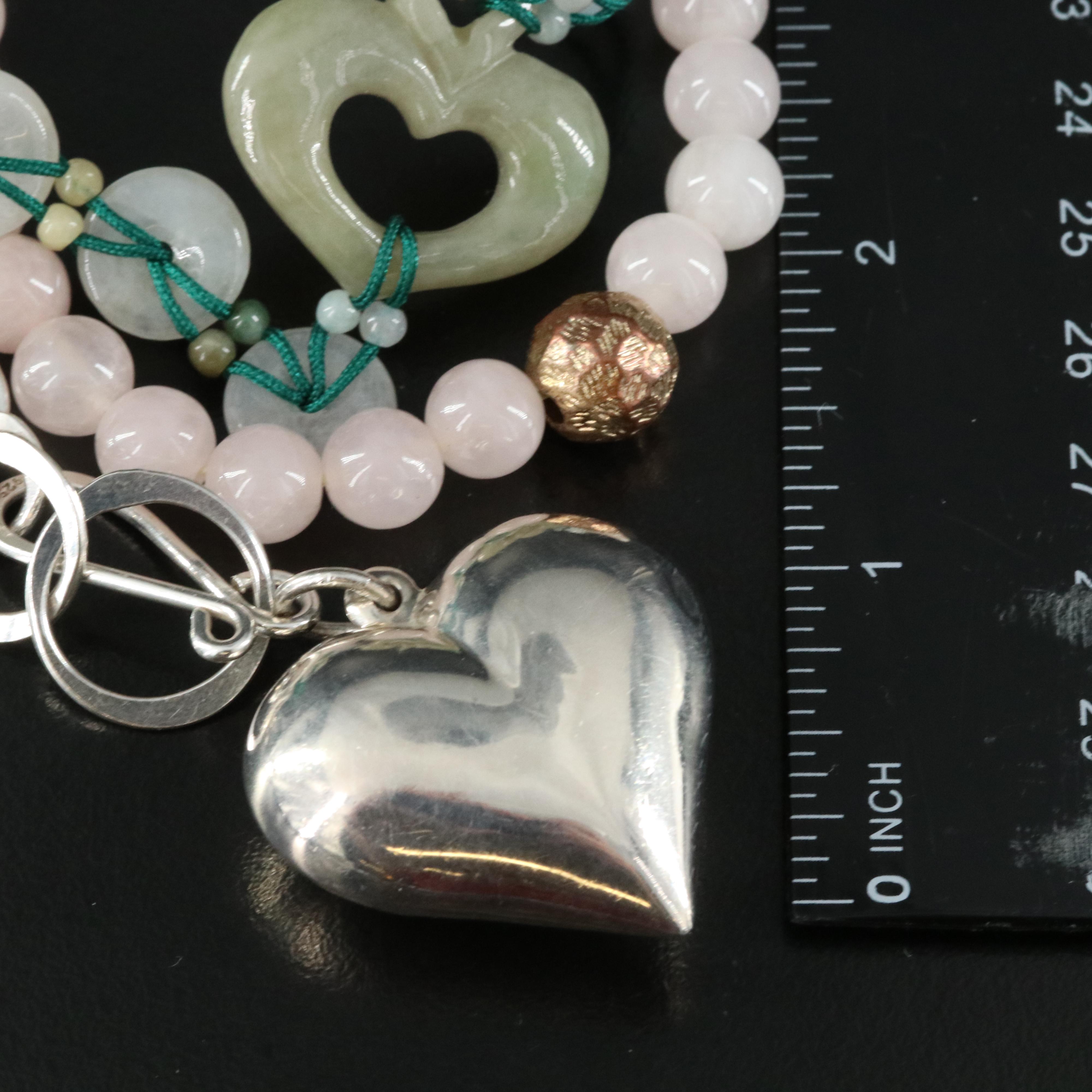 Jadeite, Quartz and Rose Quartz Bracelets and Sterling Link Bracelet with Heart