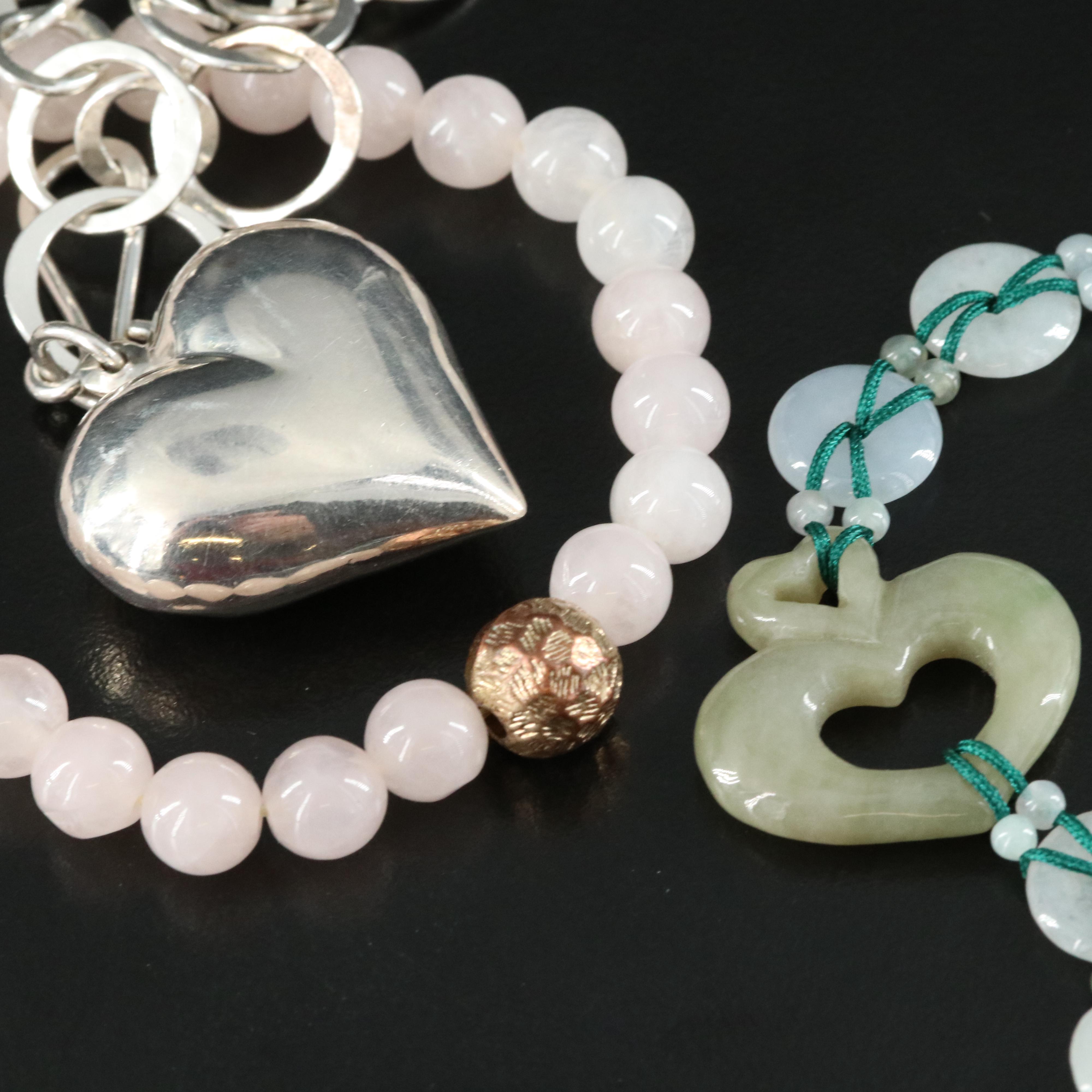 Jadeite, Quartz and Rose Quartz Bracelets and Sterling Link Bracelet with Heart
