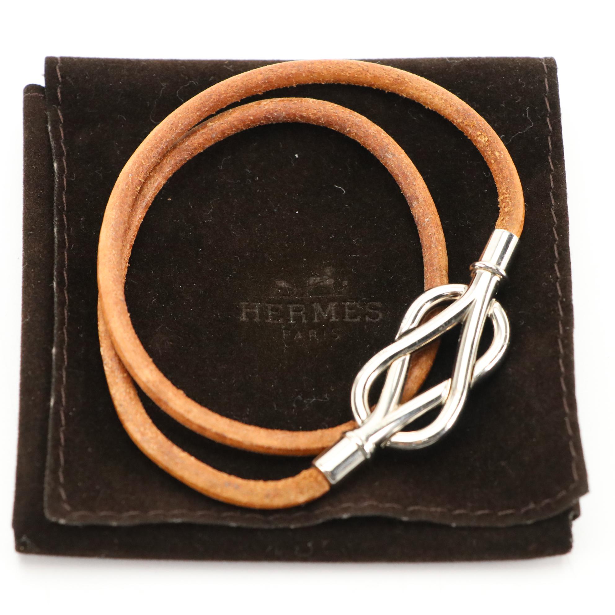 Hermès Brown Leather Interlocking Knot Double Wrap Bracelet in Box