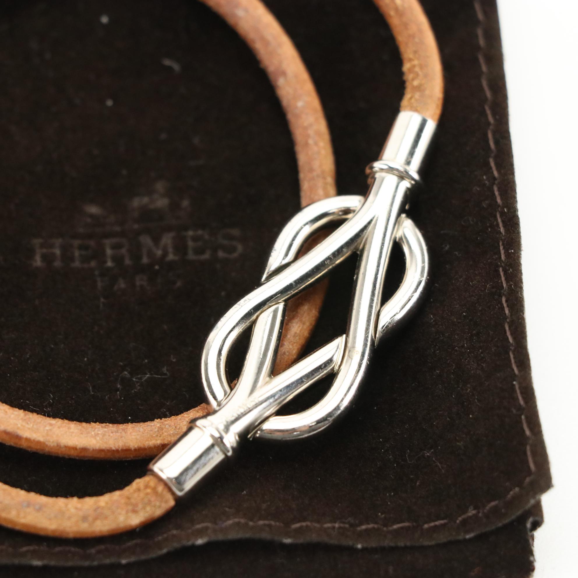 Hermès Brown Leather Interlocking Knot Double Wrap Bracelet in Box