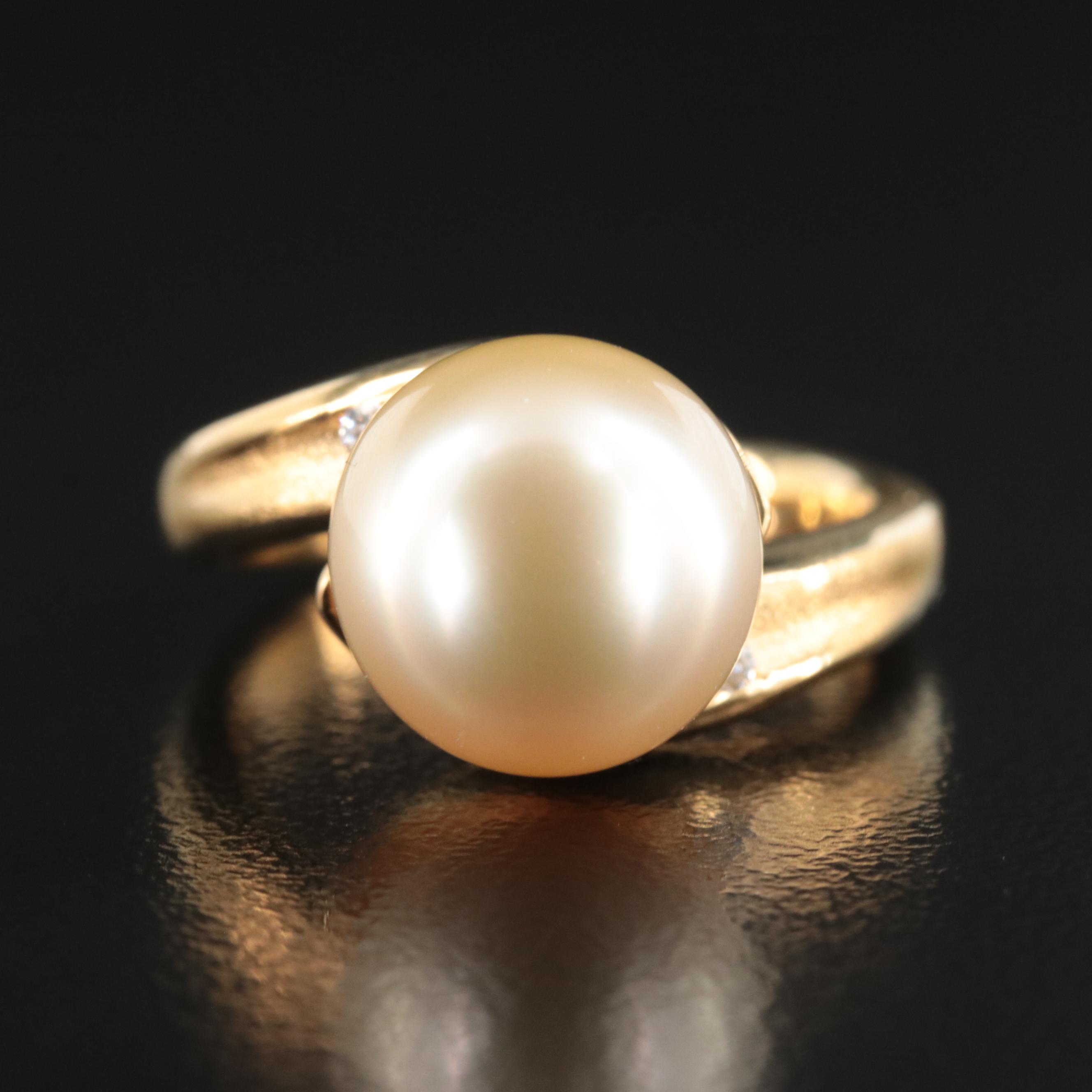 18K Pearl Ring with Diamond Accents