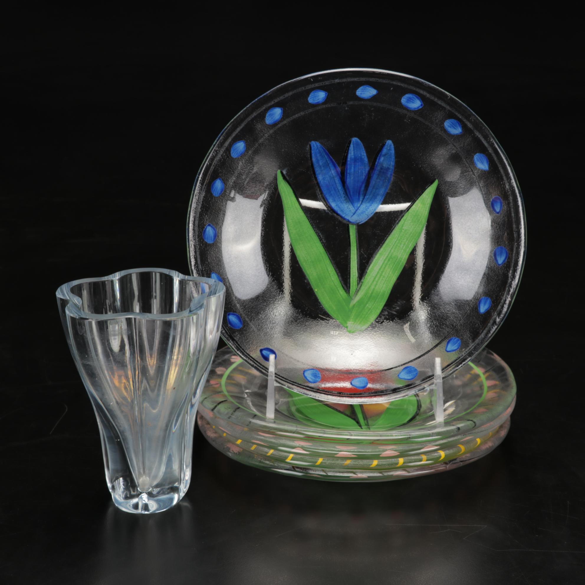 Strombergshyttan Signed Crystal Vase and Kosta Boda "Tulipa" Salad Plates