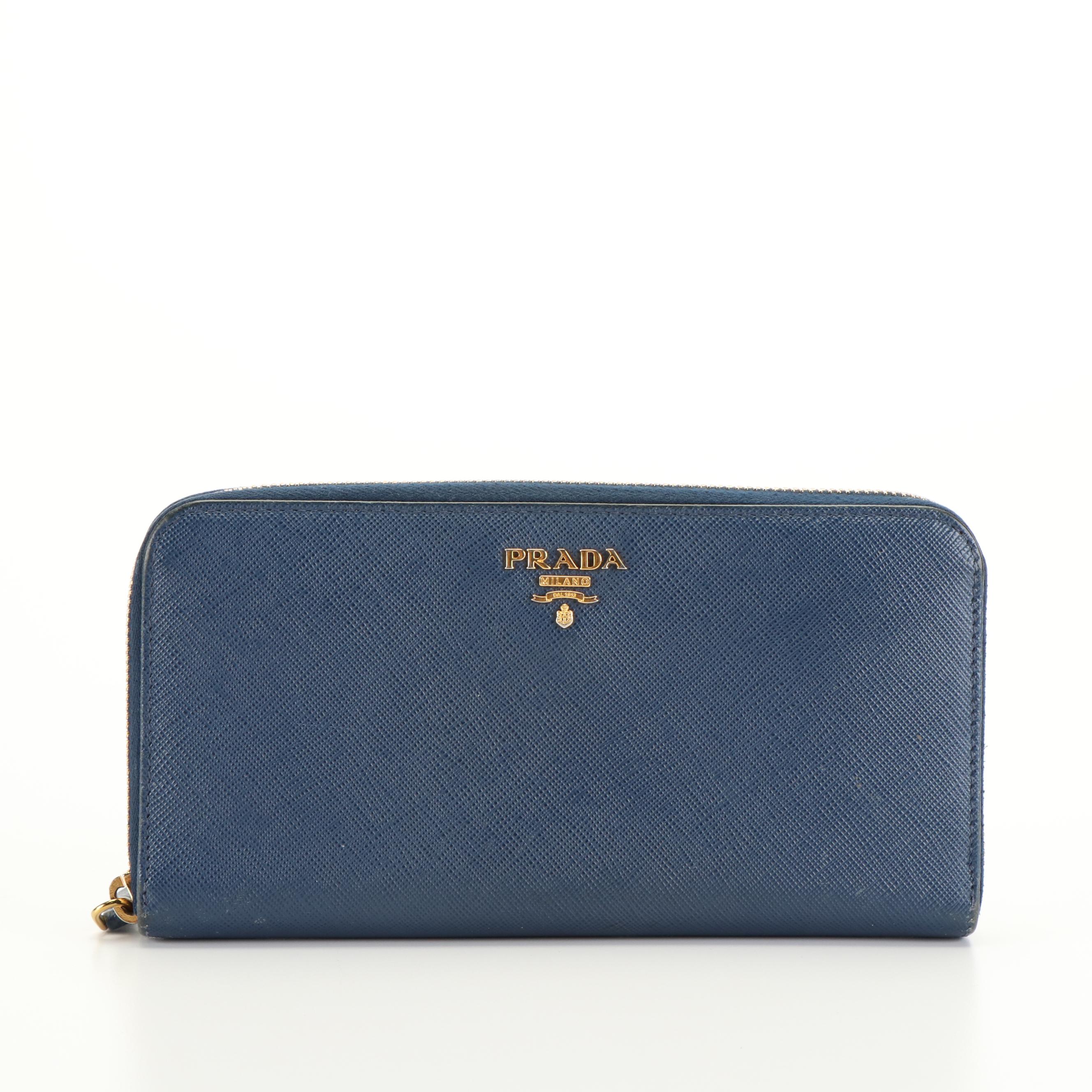 Parada Saffiano Blue Leather and Blooms Zip Around Wallet