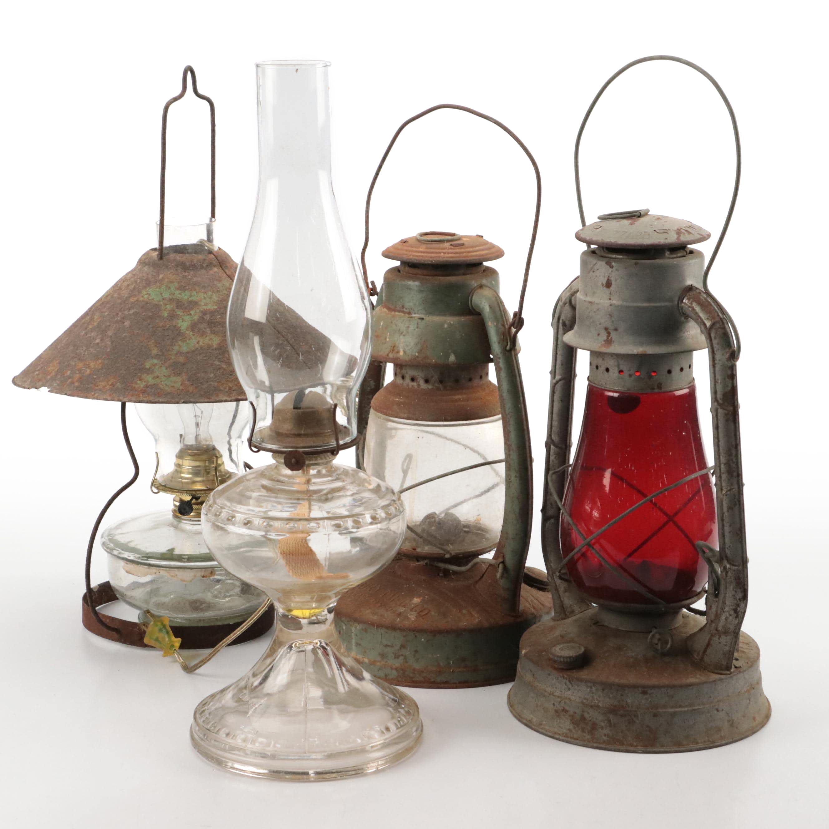 Giant Oil Lamp with Dietz and Embury Mfg. Co. Oil Lanterns & Converted Oil Lamp