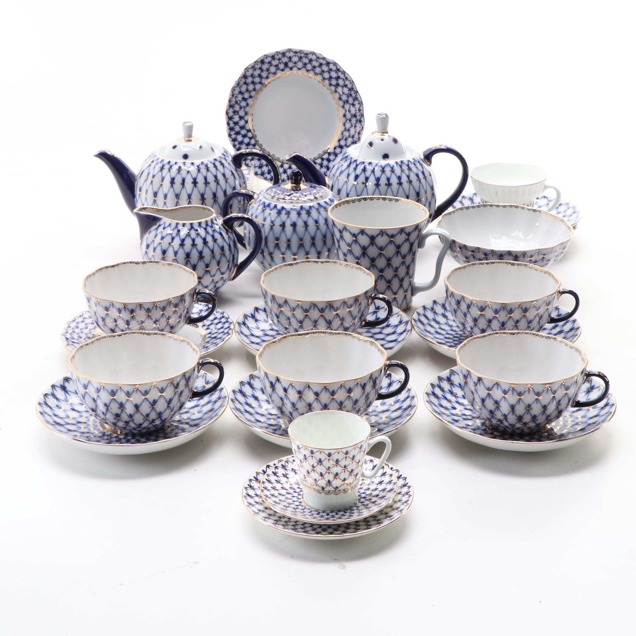 Lomonosov Russian Porcelain Cobalt Net Porcelain Tea Set and Other Tableware