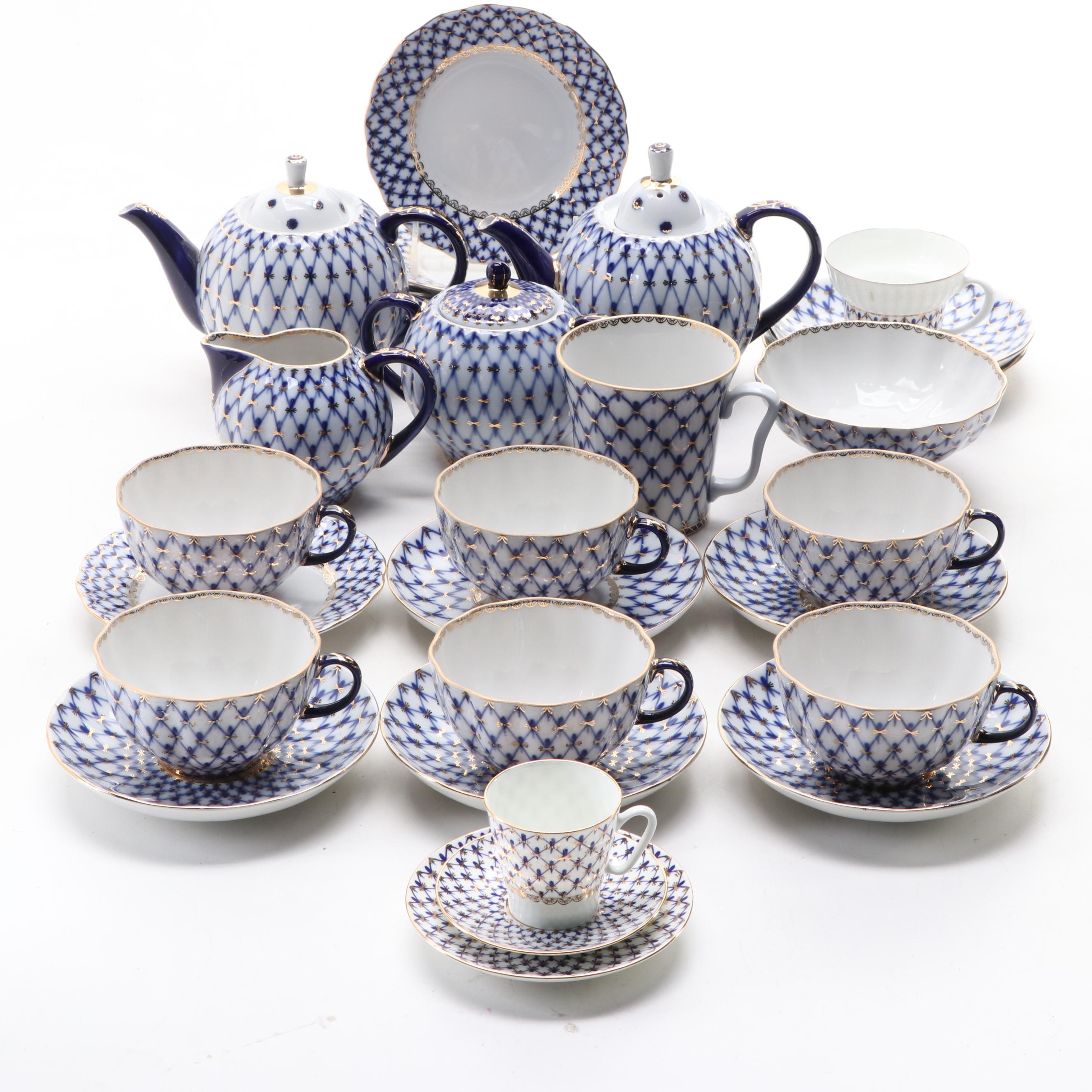 Lomonosov Russian Porcelain Cobalt Net Porcelain Tea Set and Other Tableware