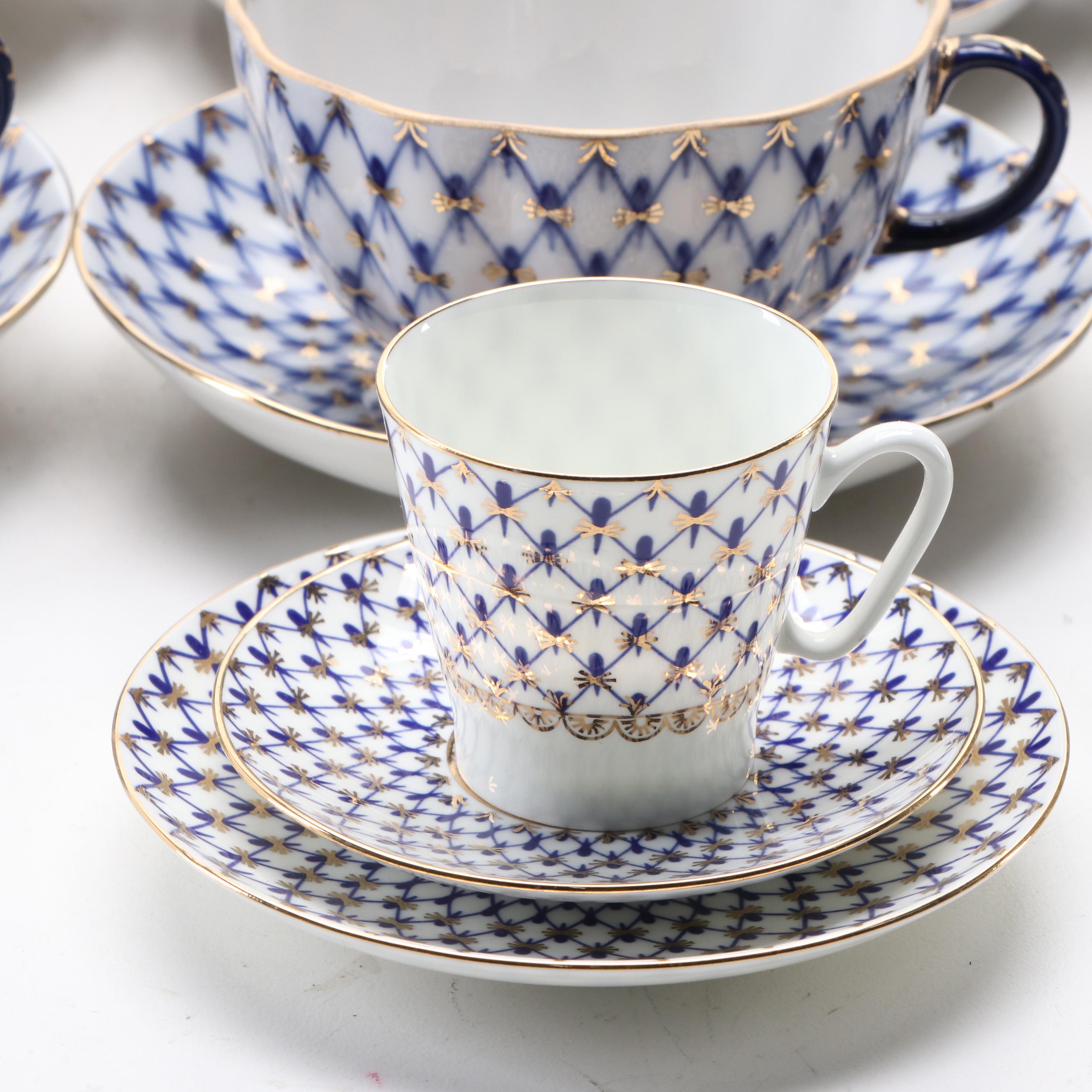 Lomonosov Russian Porcelain Cobalt Net Porcelain Tea Set and Other Tableware