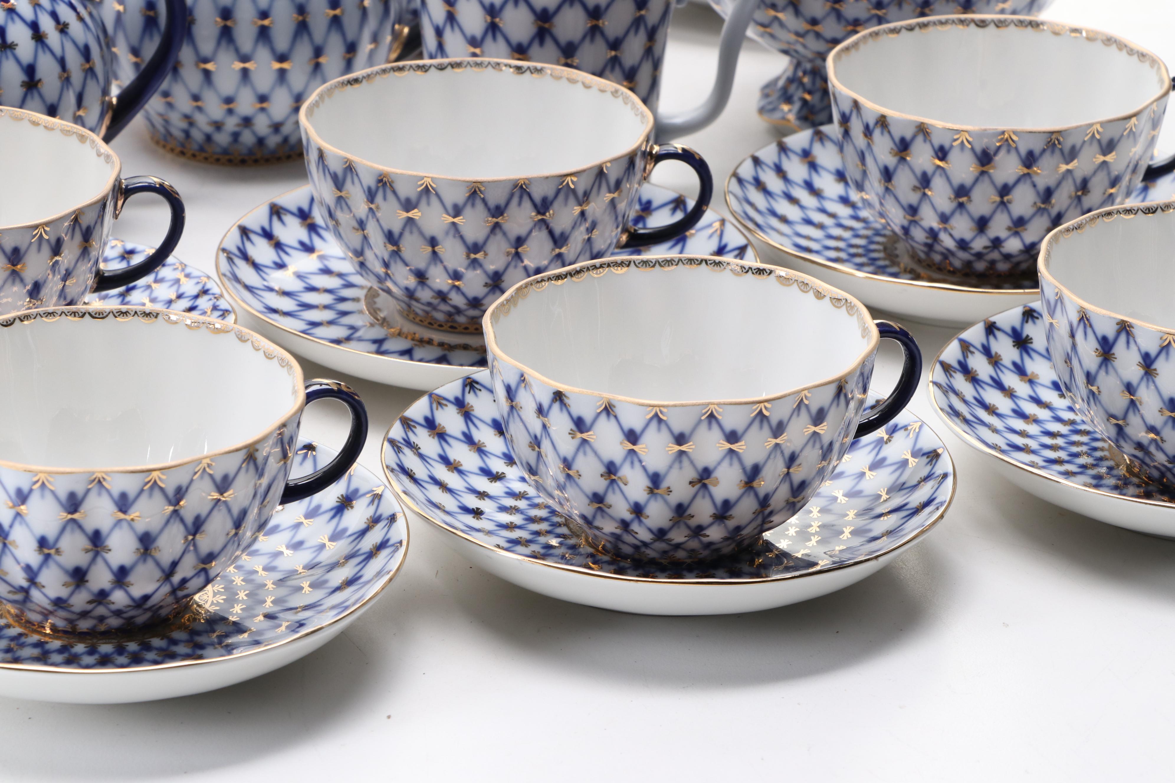 Lomonosov Russian Porcelain Cobalt Net Porcelain Tea Set and Other Tableware