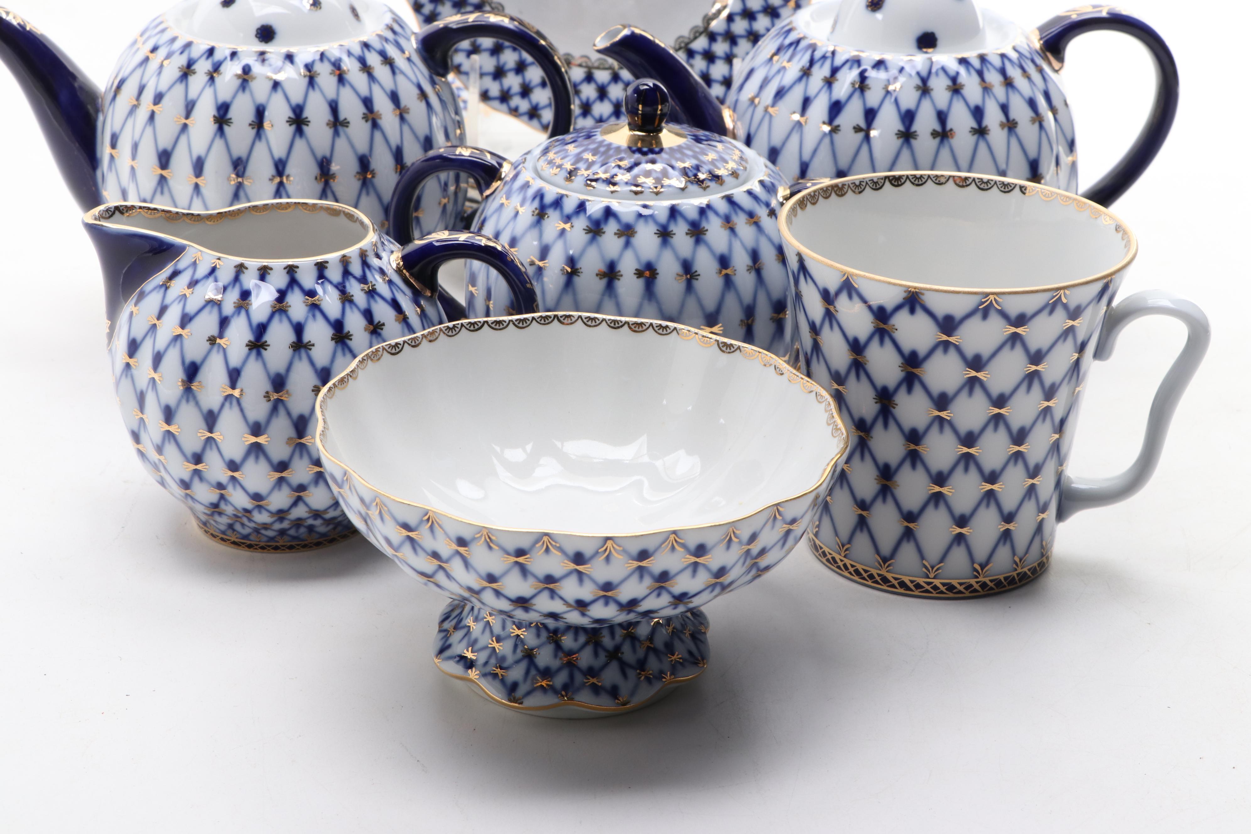 Lomonosov Russian Porcelain Cobalt Net Porcelain Tea Set and Other Tableware
