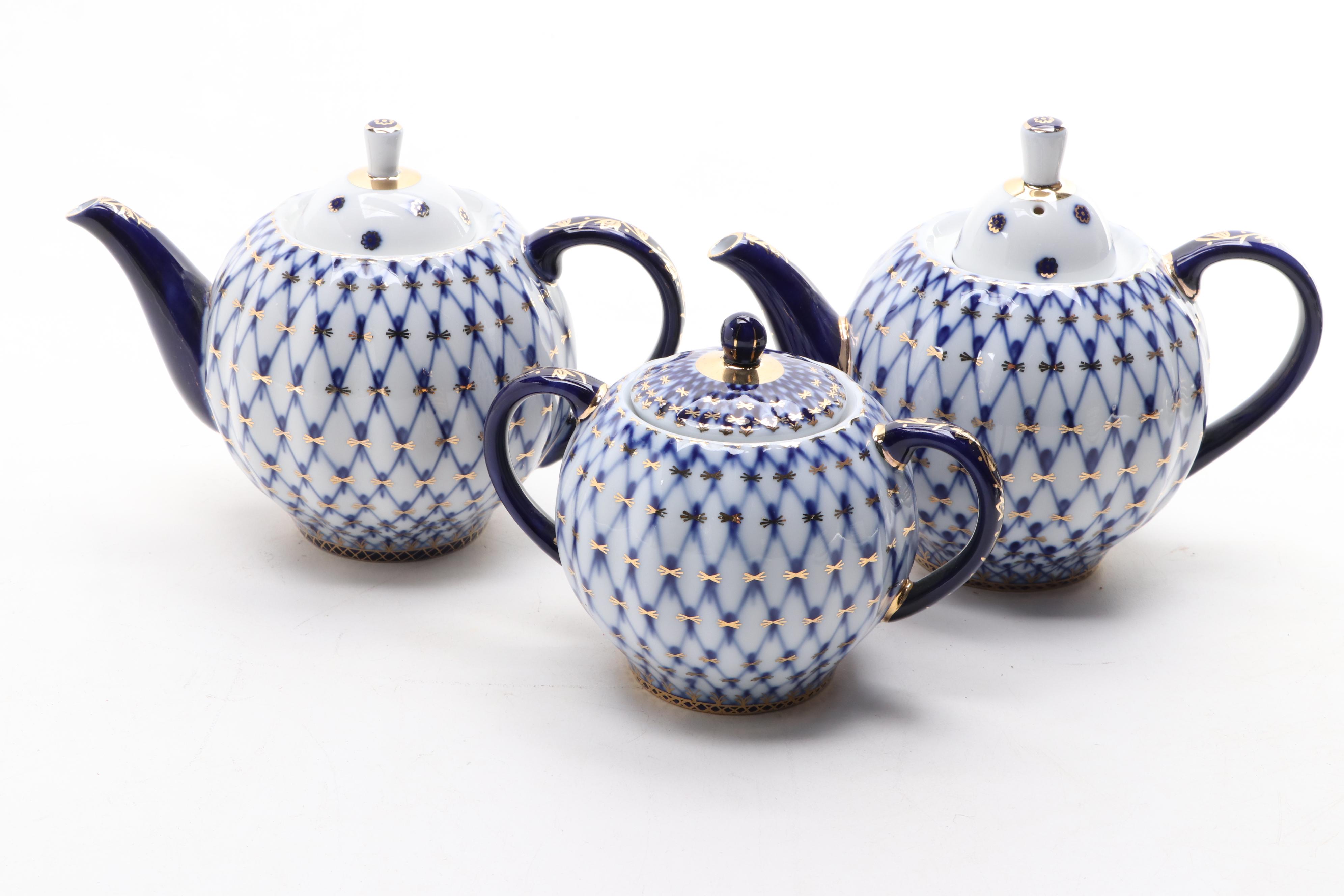 Lomonosov Russian Porcelain Cobalt Net Porcelain Tea Set and Other Tableware
