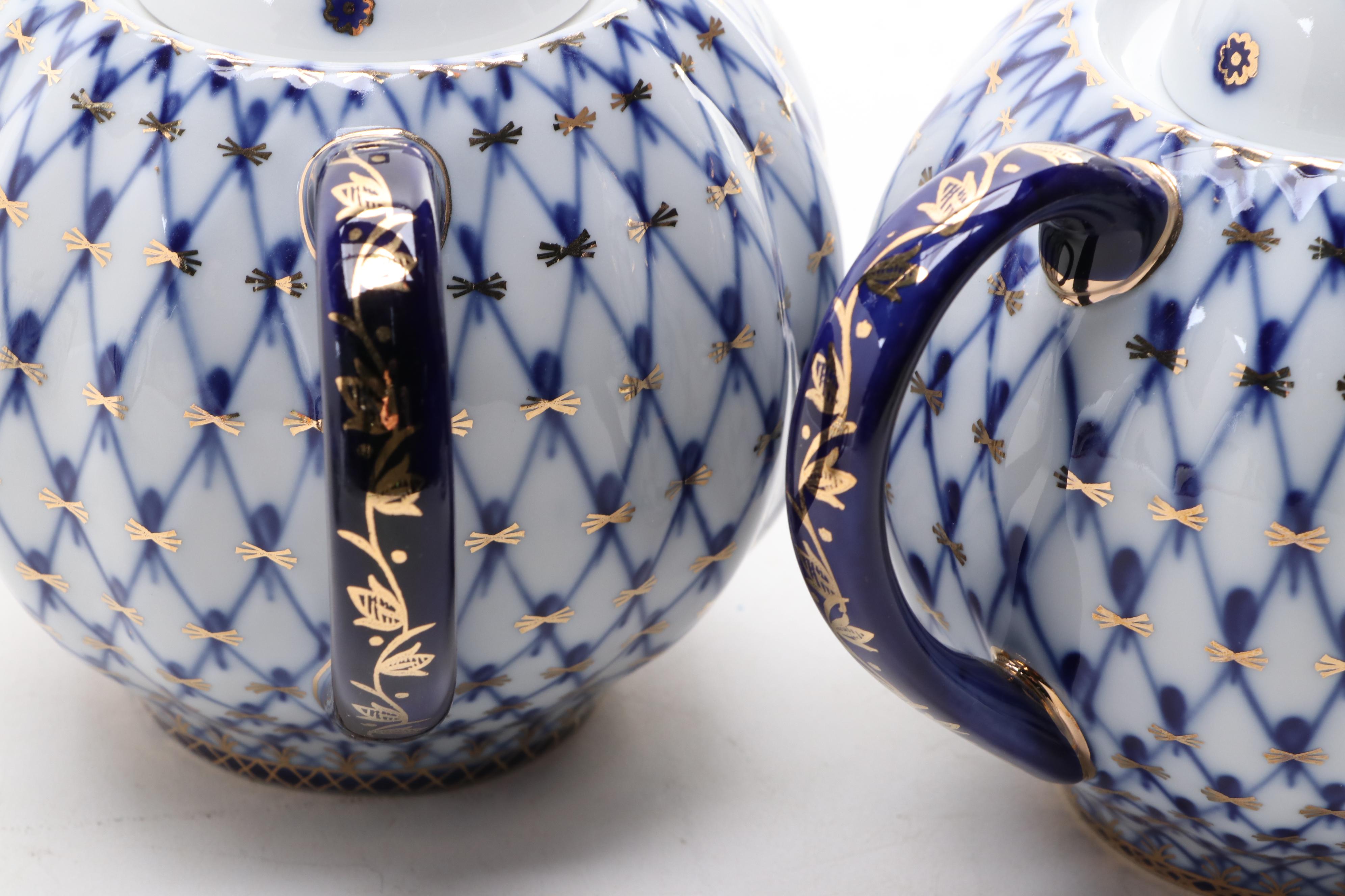 Lomonosov Russian Porcelain Cobalt Net Porcelain Tea Set and Other Tableware