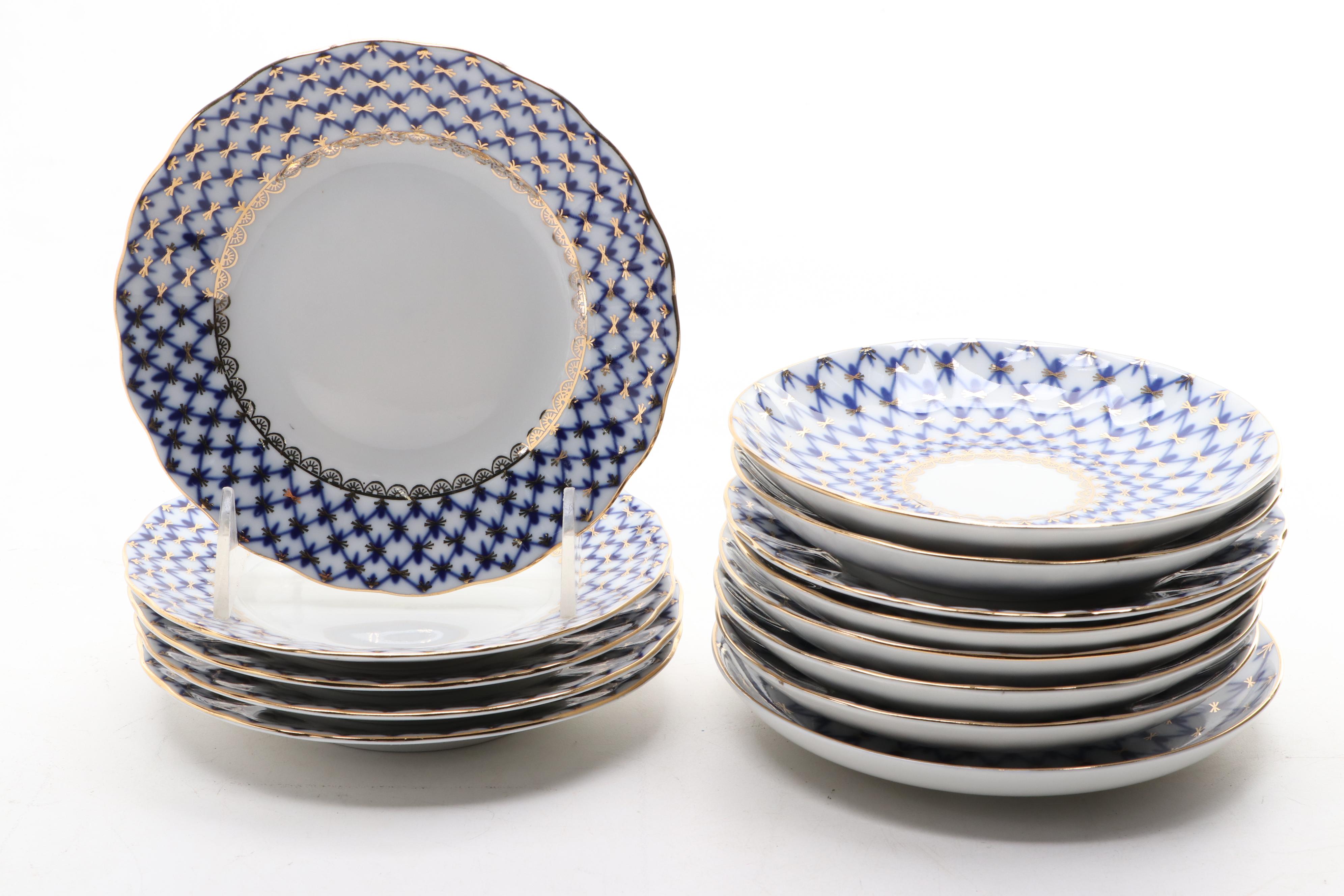 Lomonosov Russian Porcelain Cobalt Net Porcelain Tea Set and Other Tableware