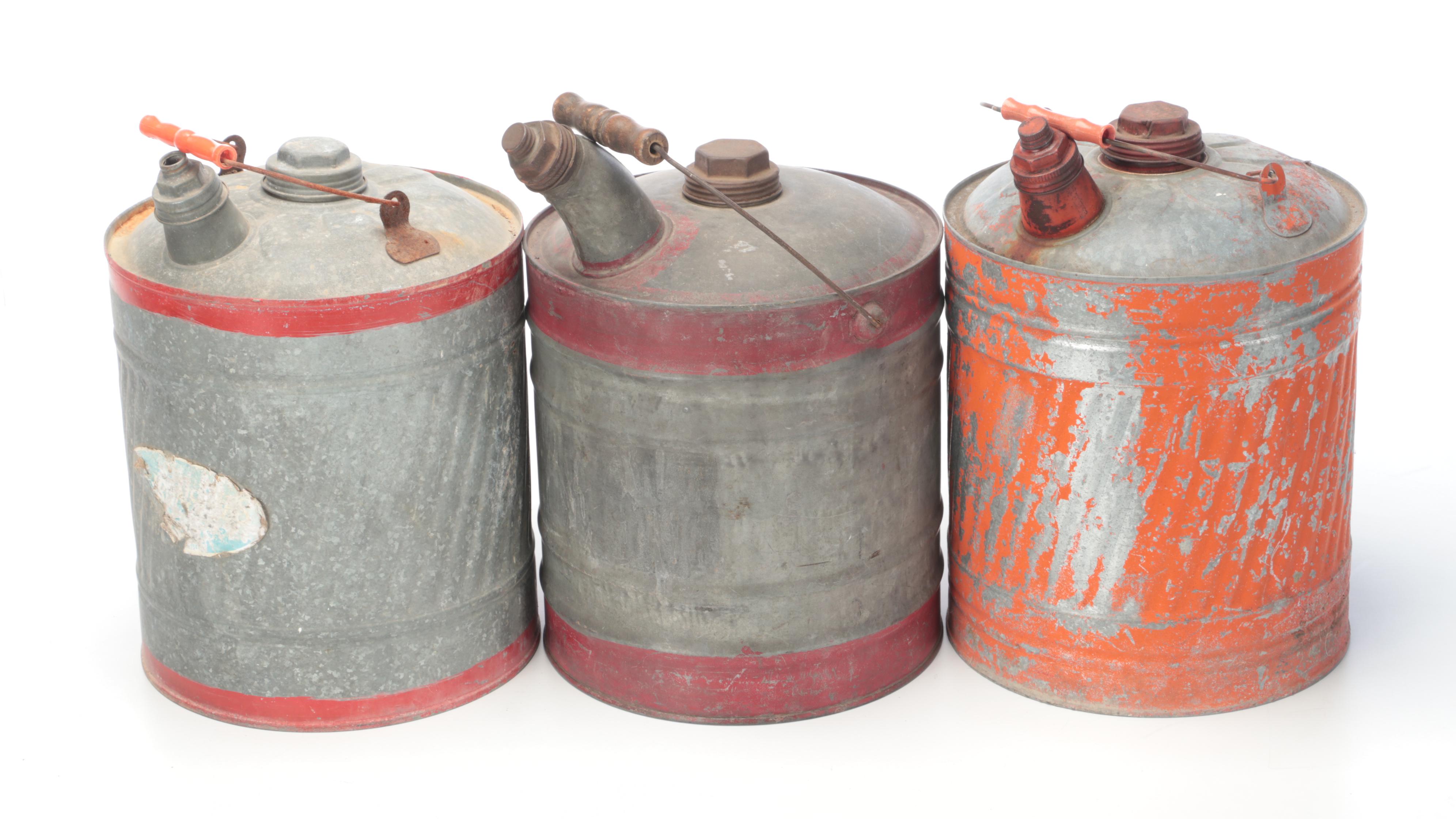 Galvanized Metal Oil Drums With Funnels and More, Early 20th C