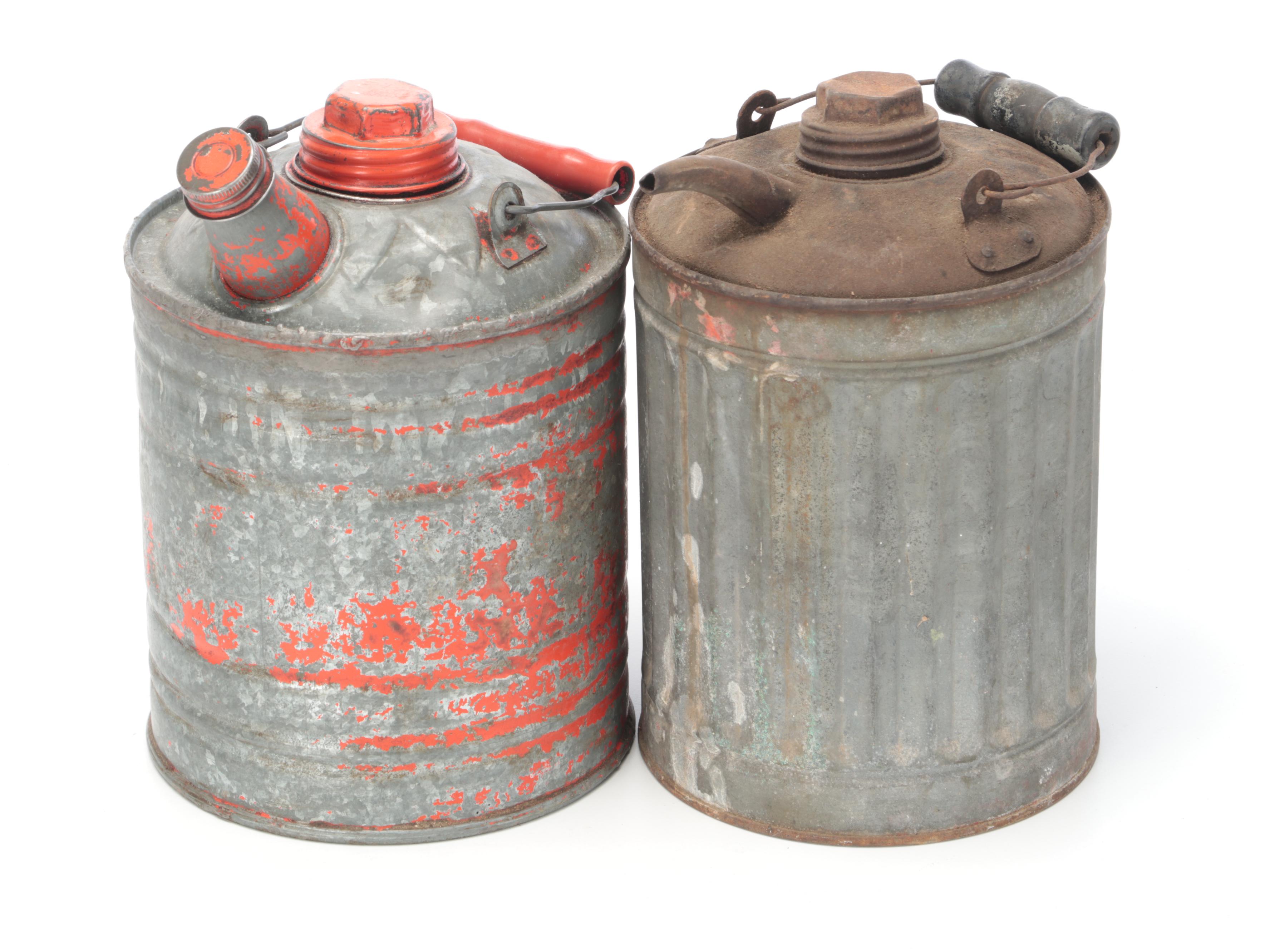 Galvanized Metal Oil Drums With Funnels and More, Early 20th C
