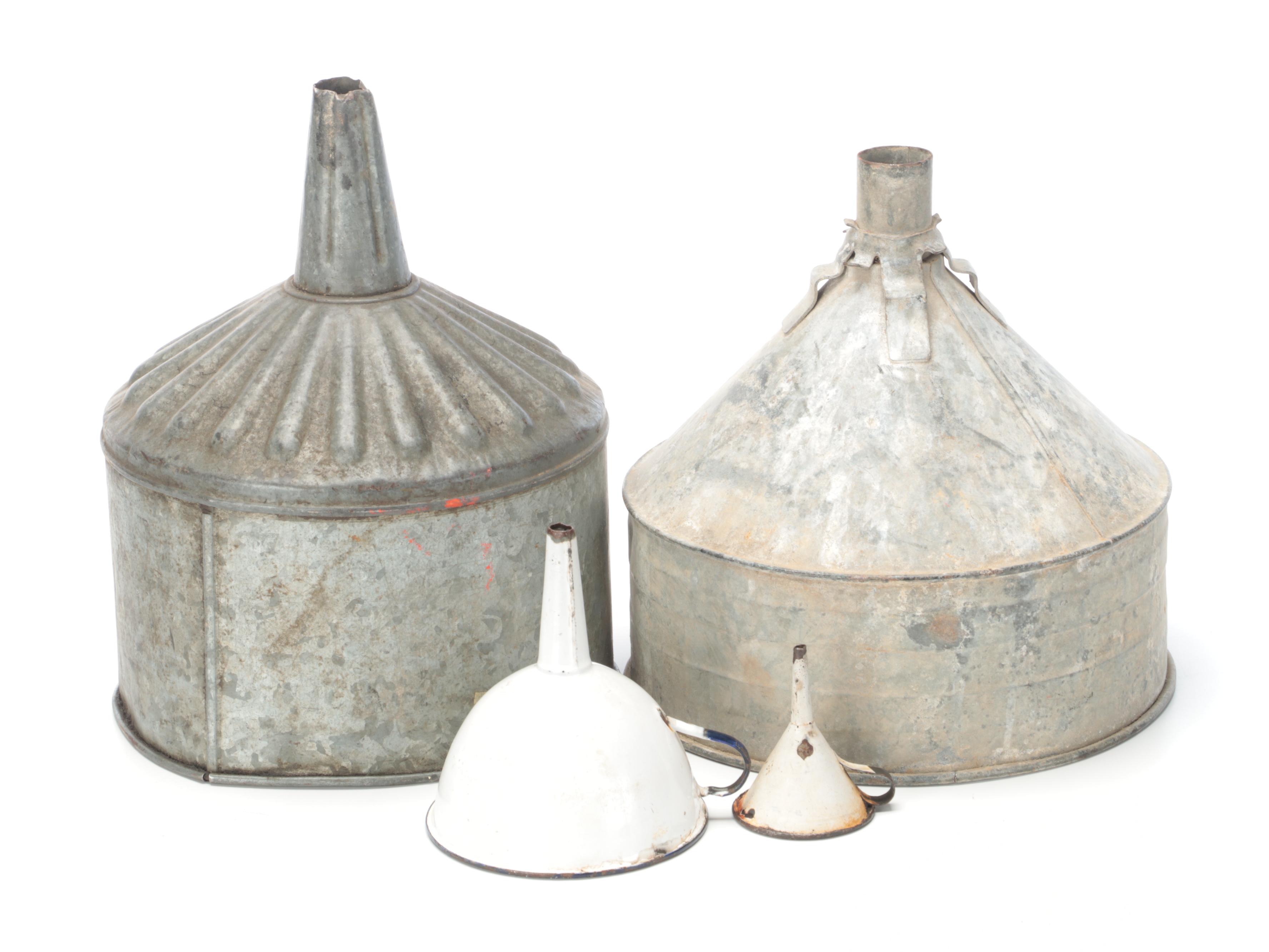 Galvanized Metal Oil Drums With Funnels and More, Early 20th C